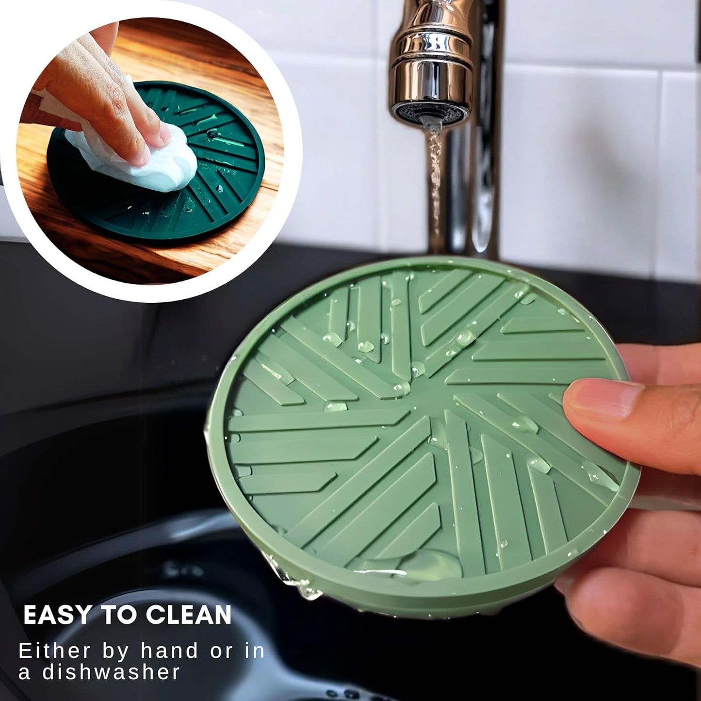 Silicone Coasters Set of 6 with Holder - Unique and Modern Pattern for Coffee Table Decor, Help to Prevents Liquid Dripping with ridges Design Durable and Aesthetic - Sage Green