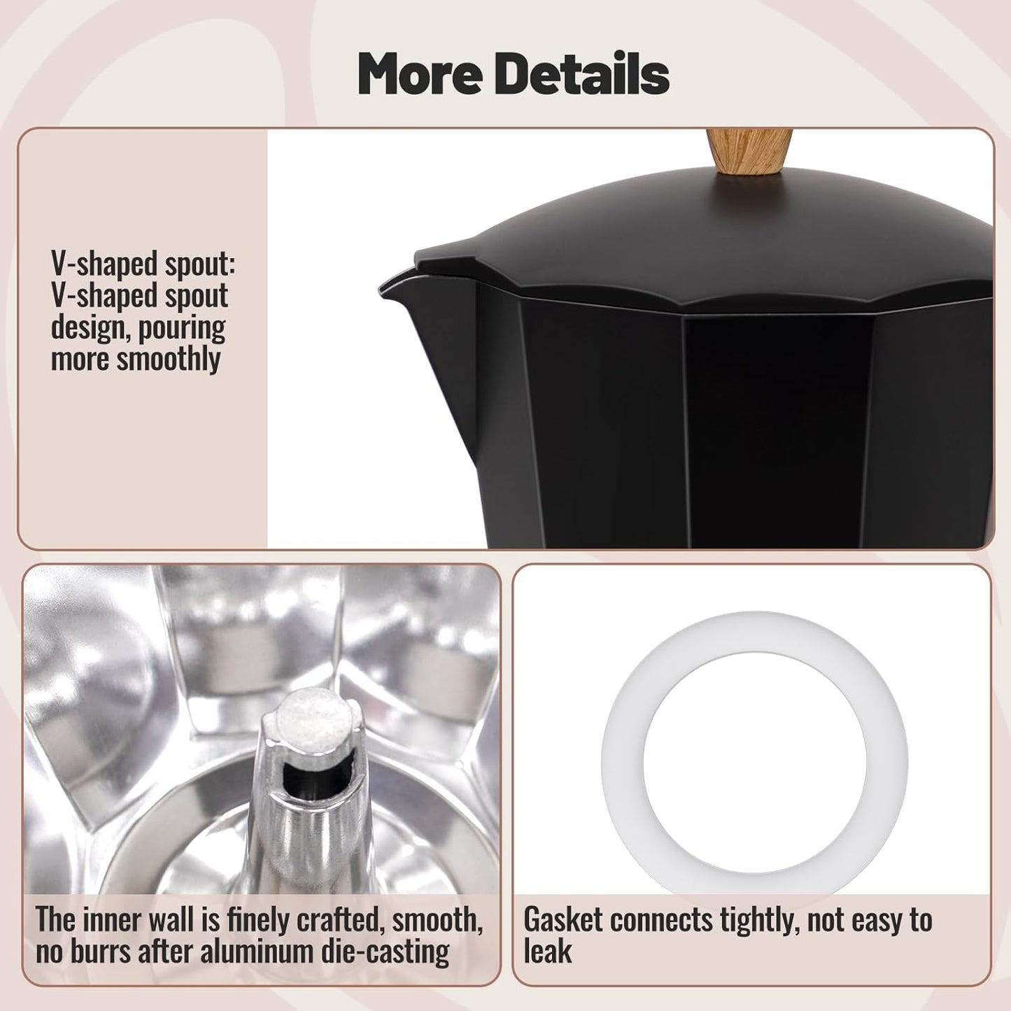 6 Cup Aluminum Moka Pot Classic Stovetop Espresso Coffee Maker 300ml 10oz Coffeemaker Percolator Mocha Pot Greca Coffee Maker Cafe Makers for Italian and Cuban Café Brewing Black