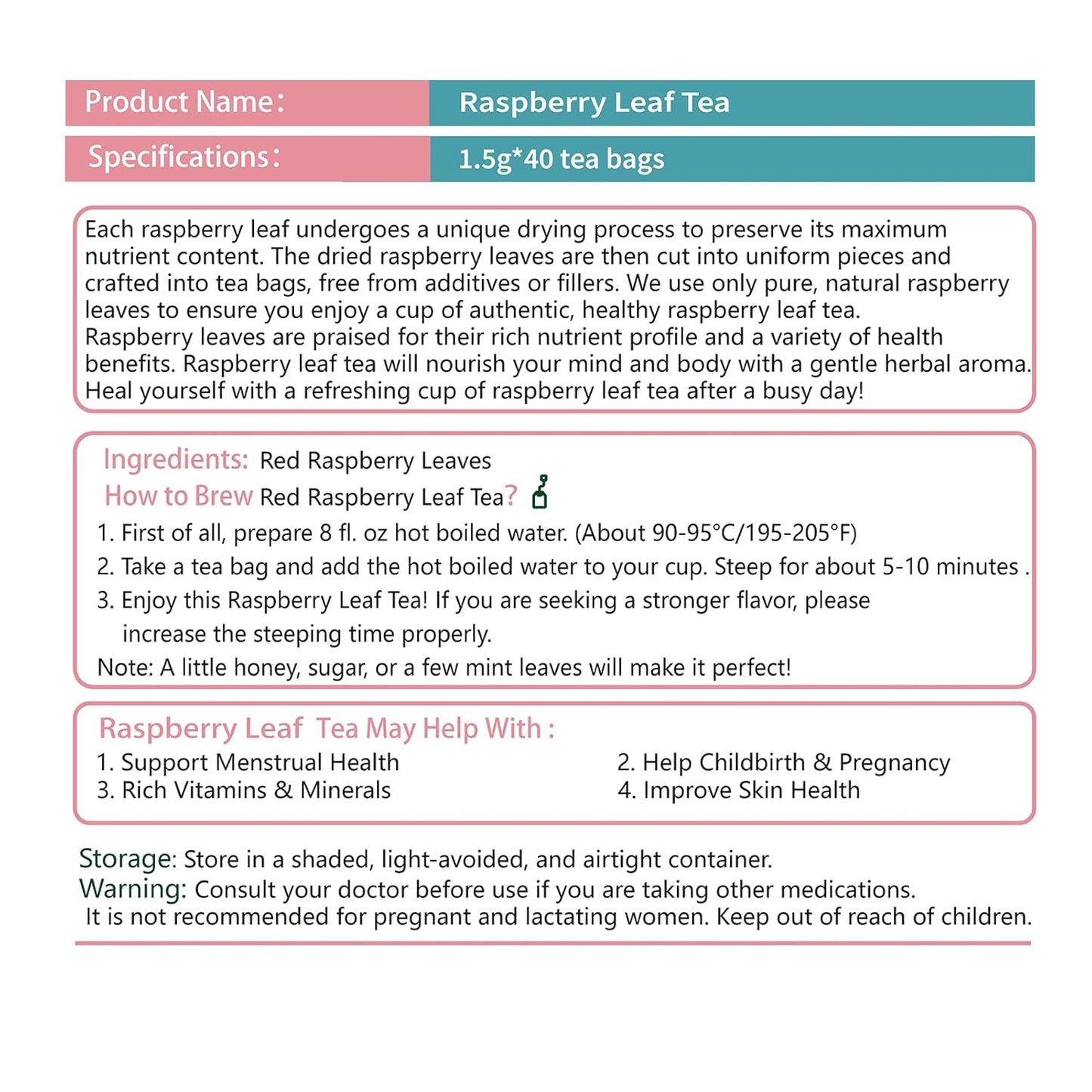 Samcci - Raspberry Leaf Tea Bag, 40 Teabags - Natural Pregnancy Tea - Pure Red Raspberry Leaf Herbal Tea - Help Childbirth & Support Menstrual - Non-GMO - Caffeine-free