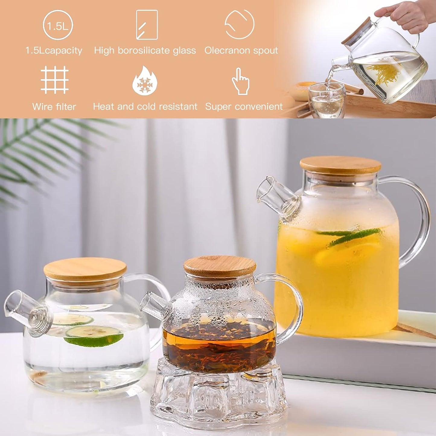 Glass Teapot 50.7oz/1500ml, Stovetop & Microwave Safe Borosilicate Tea Pot,Clear Teapot with Strainer, Glass Tea Kettle with Wooden Lid for Loose Leaf、Fruit Tea and Fragrant Tea