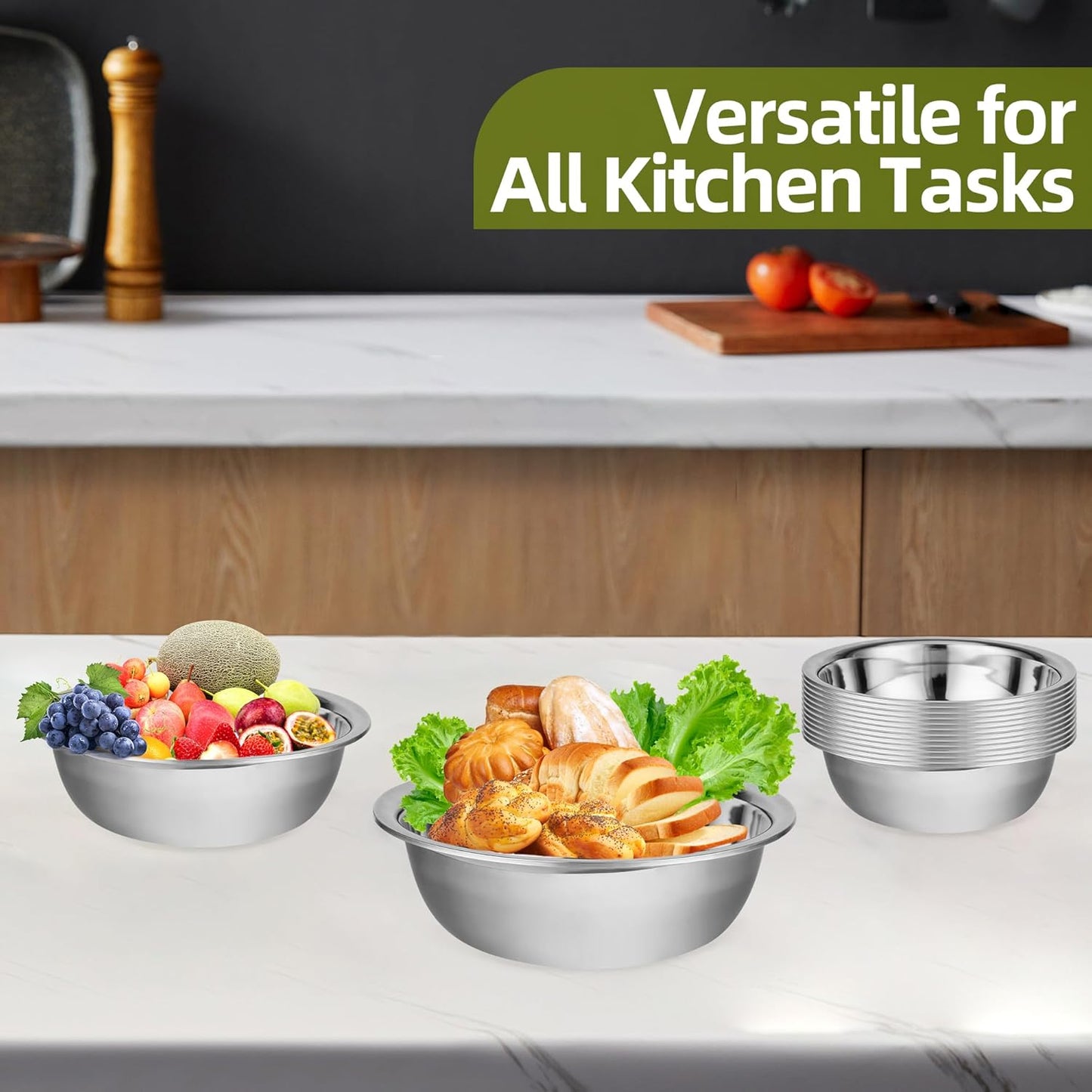 12 Pack 11 x 3 Inch Stainless Steel Mixing Bowls for Bulk Food Prep with Nesting Design for Hotel Restaurant and Home Kitchen Cooking in Silver