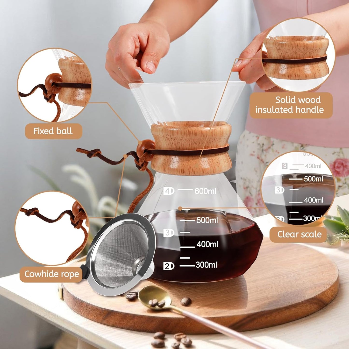Pour Over Coffee Maker 600ml with 304 Stainless Steel Filter and Wooden Collar Holder Borosilicate Glass Drip Coffeemaker Server Set Clear Hand Brew Dripper Carafe for Home Camping Travel 20.3oz
