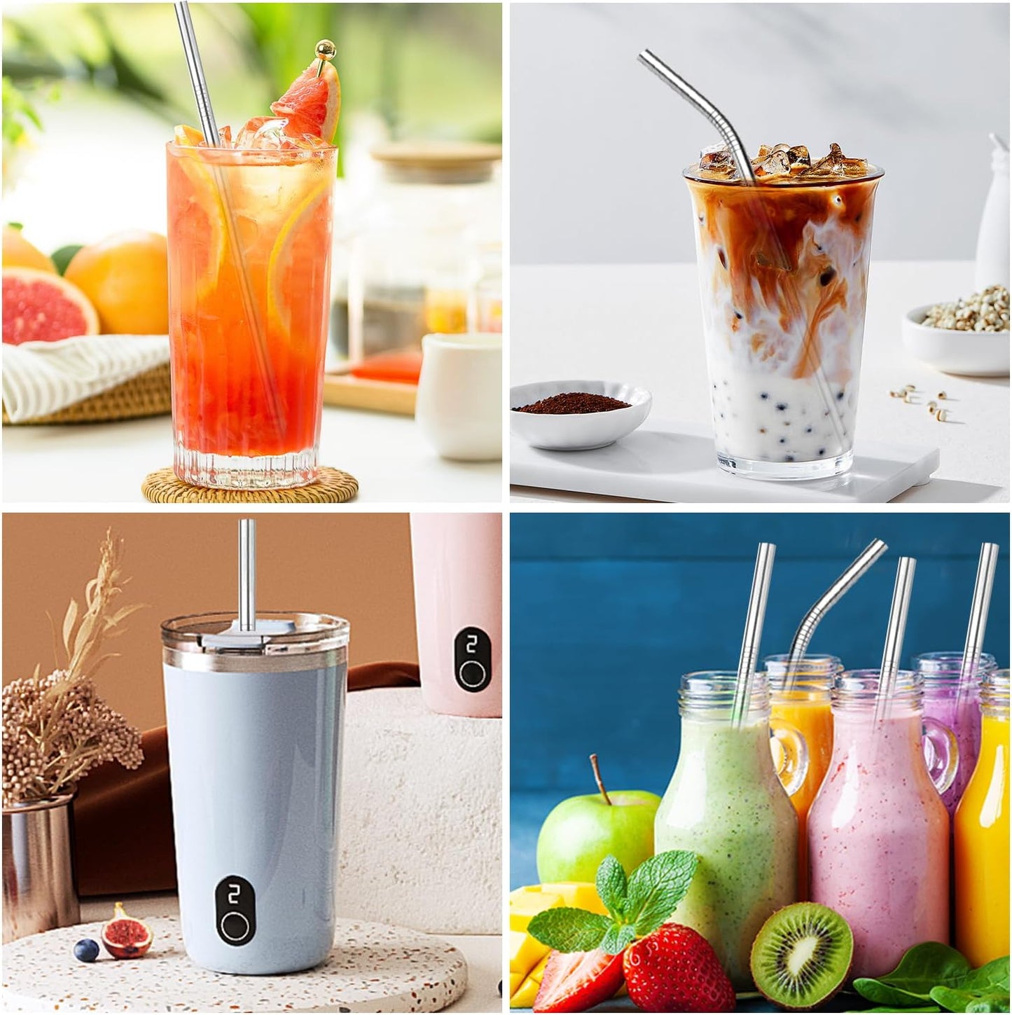 VEHHE Stainless Steel Stanley Straws, 4 Pack 12.5-inchs Long Reusable Stanley Cup Straw with Cleaning Brush (Silver)