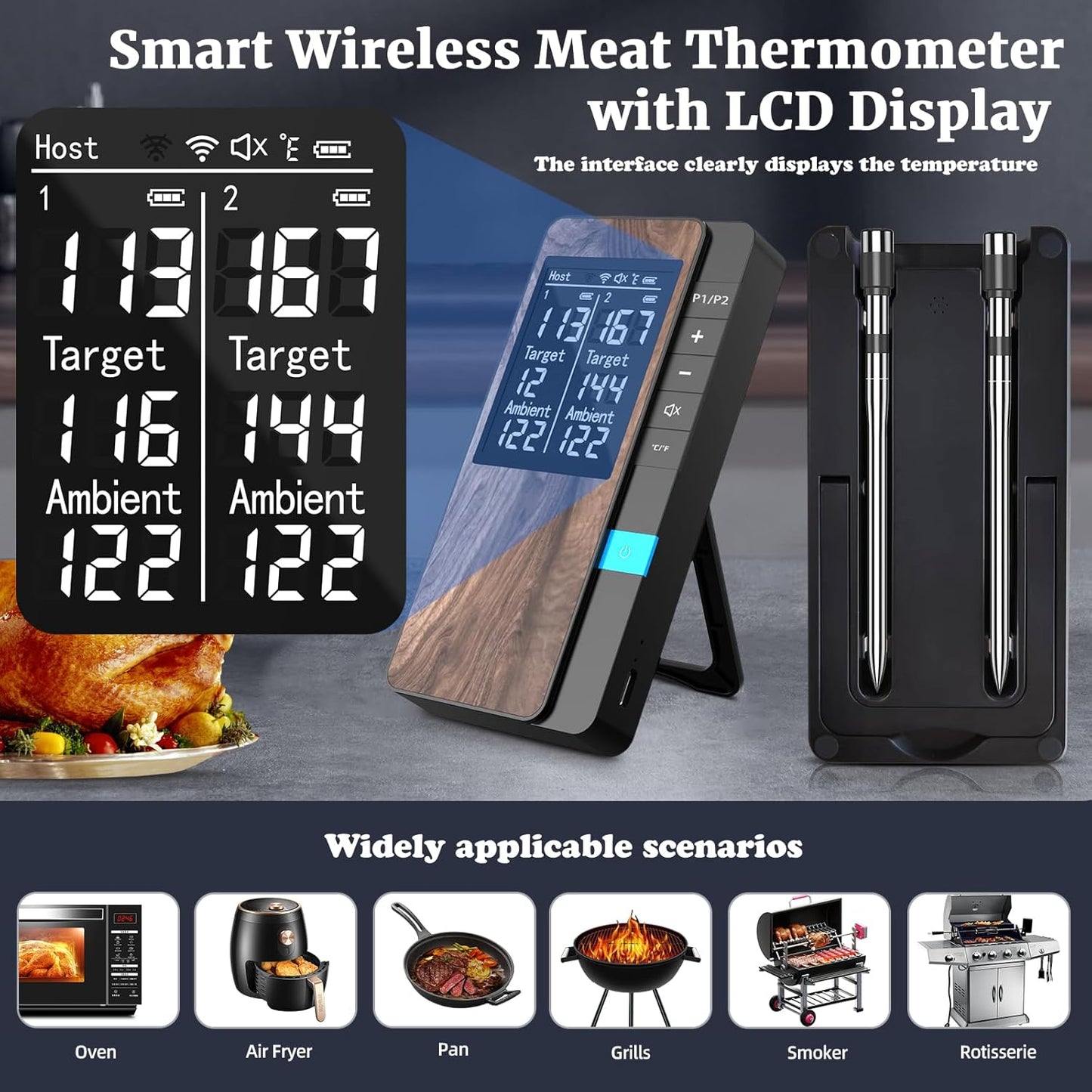 Wireless Meat Thermometer-Multi Sensors Digital Food Thermometer with Ultra-Thin Probes, Accuracy Smart Bluetooth Meat Thermometer for Steak, BBQ, Oven, Grill, Smoker,Recipes in App & Host