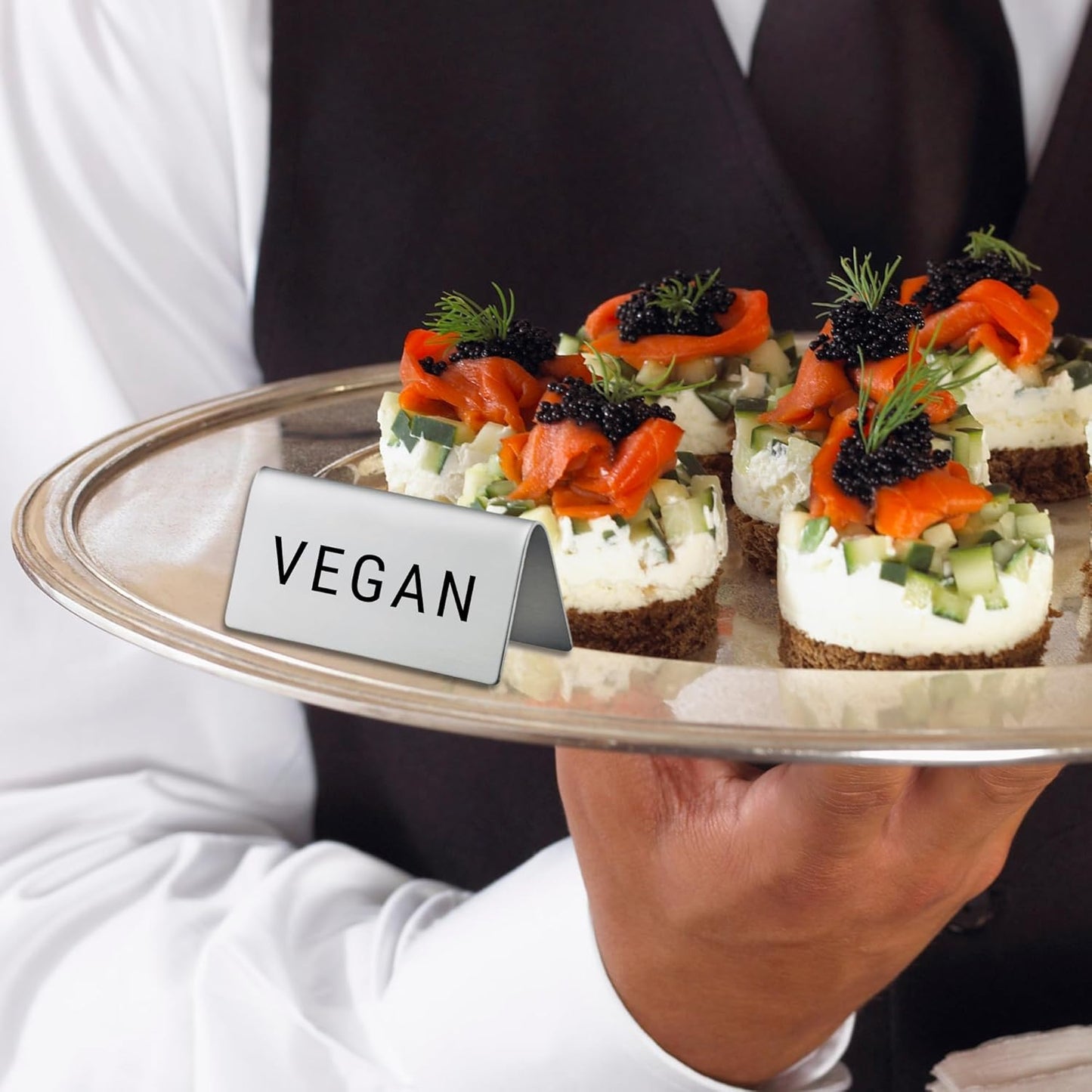 Vegan Stainless Steel Metal Table Tent Sign - 3" x 1-1/2" - Table Top Setting for Restaurants, Catering Businesses, Business. Great for Wedding, Banquet, Buffet, Party, Events. To Label Food Areas for Special Dietary Needs-4 PK