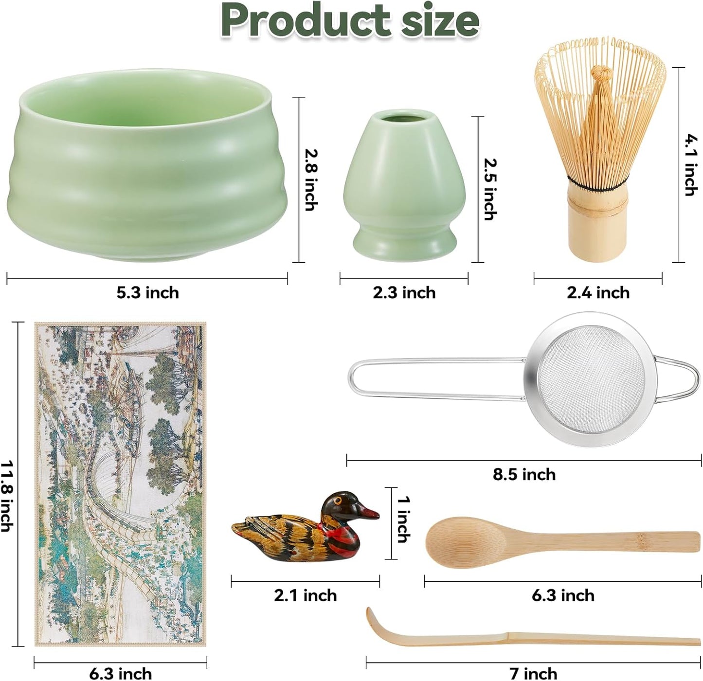 Japanese matcha set, matcha whisk and bowl, matcha sieve, matcha whisk holder, and matcha spoon - 8pcs Matcha Set (green)