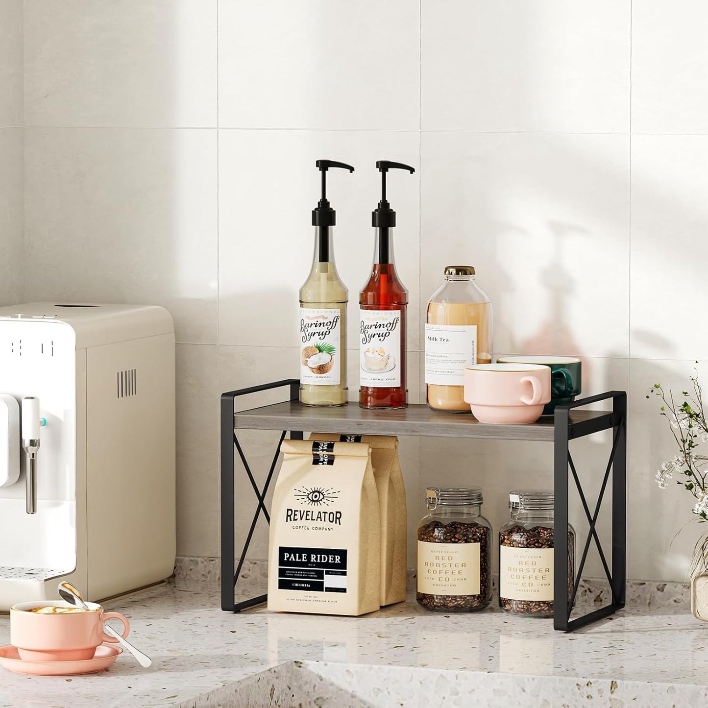 Giikin Kitchen Countertop Organizer, Wood Desk Shelf Riser, Gray Spice Rack for Kitchen Counter, Countertop, Cabinet (15.7 Inches, Gray)