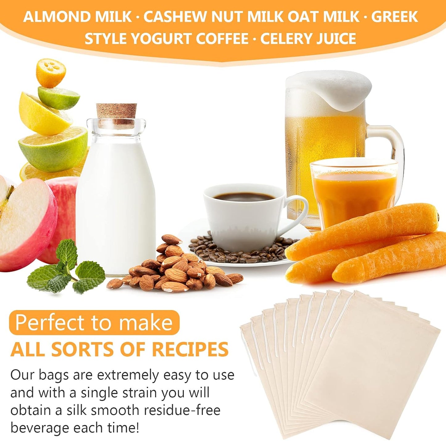 10 Pack Nut Milk Bag, 10‘’ x 12‘’ Fine Mesh Grade Reusable Cheesecloth Bags Strainers, Unbleached Organic Cotton Filter Bags for Almond Milk, Juices, ColdBrew, Cheese, Tea, Yogurt, Coffee