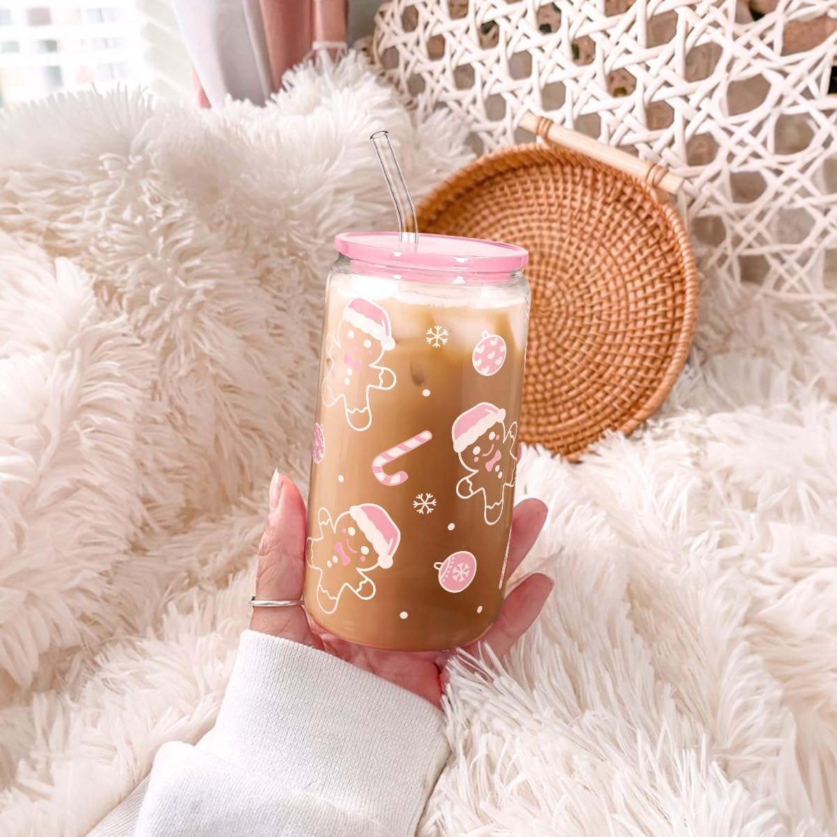 Christmas Gingerbread 16oz Can Glass Tumbler with Acrylic Lid & Straw, Iced Coffee Cup for Women Girls, Aesthetic Cups Gifts for Xmas