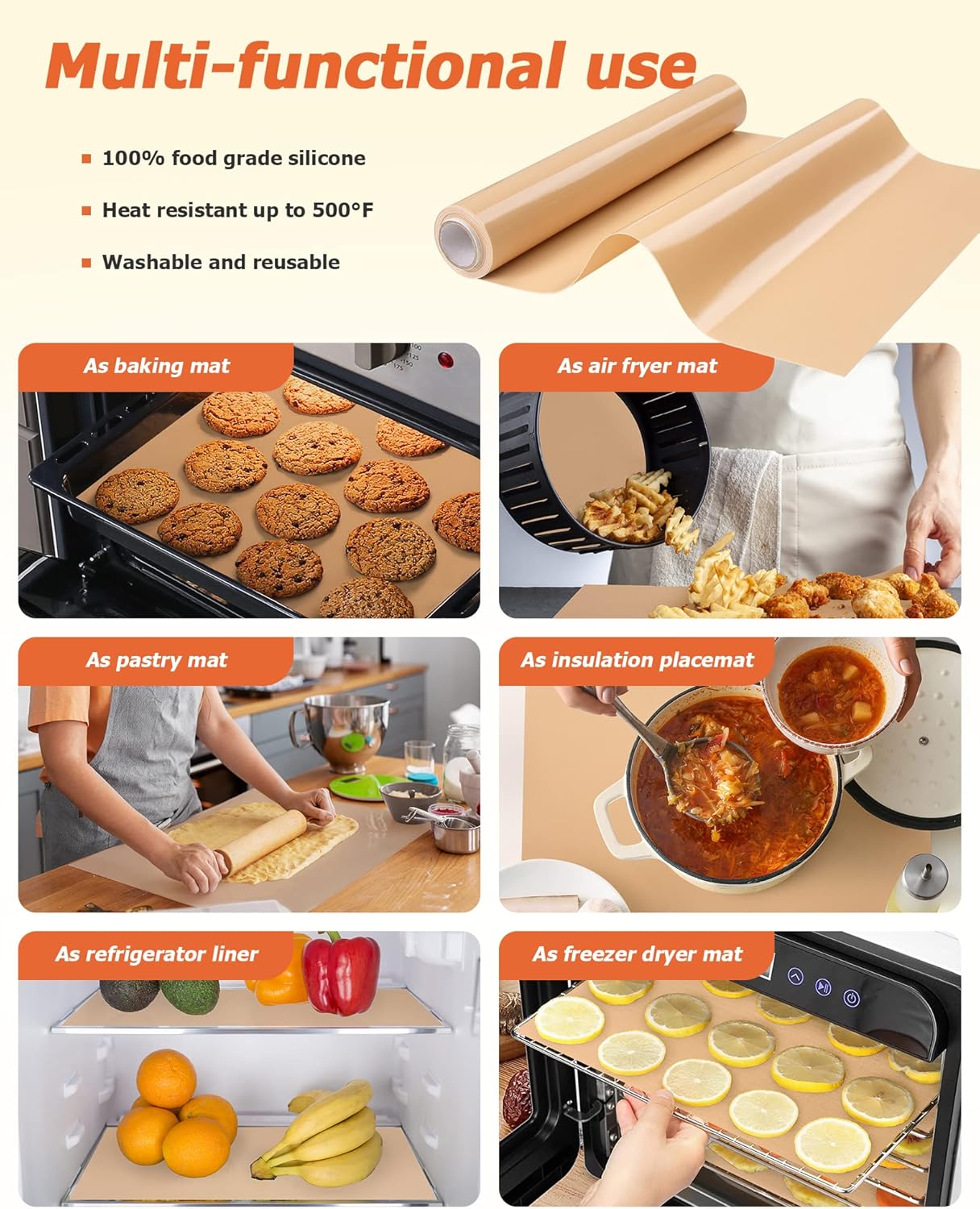 Silicone Baking Mat Roll - Best German Silicone - Non-slip Silicone Pastry Mat, Non-Stick Reusable Air Fryer Linner, Counter Mat, Oven Liner, Freeze Dryer Mat - 12IN x 8FT
