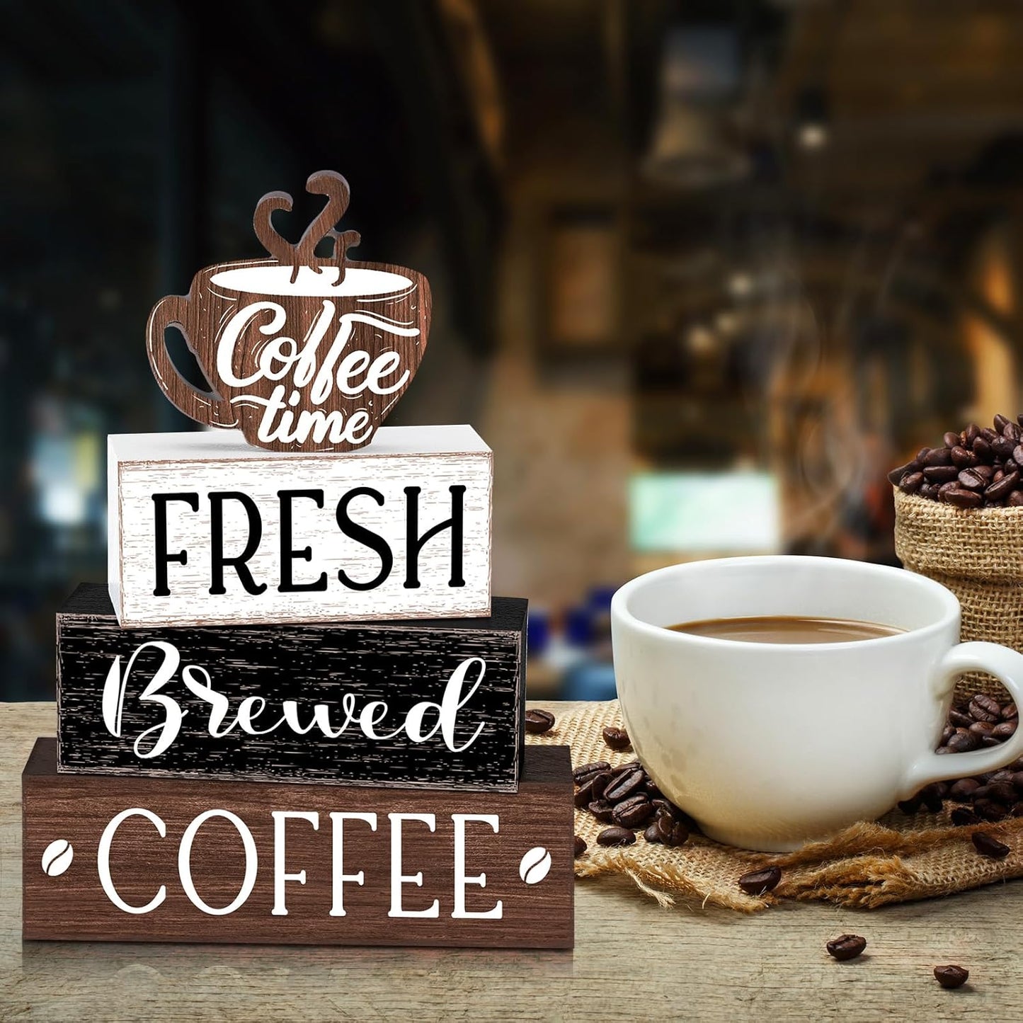 Farmhouse Coffee Bar Accessories Decorations Rustic Coffee Wood Sign Cafe Table Centerpieces Rustic Cafe Bar Decorations for Home Kitchen Shelf Desk Tiered Tray Decor