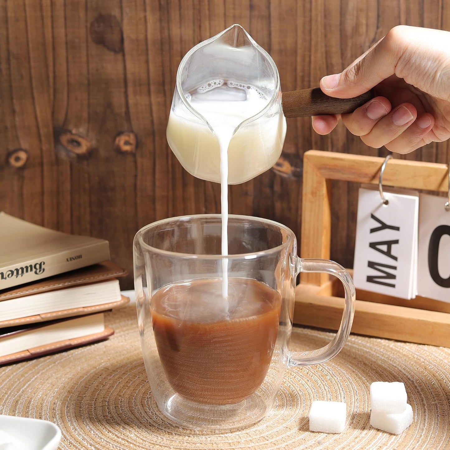 Joeyan 6 oz Glass Measuring Cup with Double Spouts,Borosilicate Espresso Shot Glasses with Wooden Handle,Claer Measuring Triple Milk Frothing Pitcher for Coffee Tea