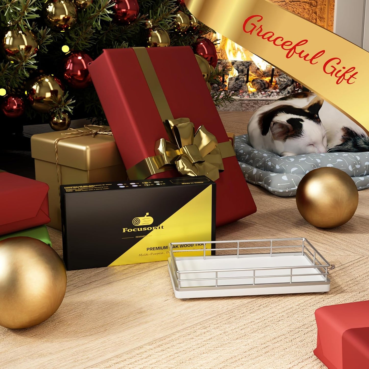 Bathroom Tray for Counter, Oak Wooden 7.5" L Vanity Tray for Jewelry Soap Cologne Organizer for Men Decorative Decor Silver