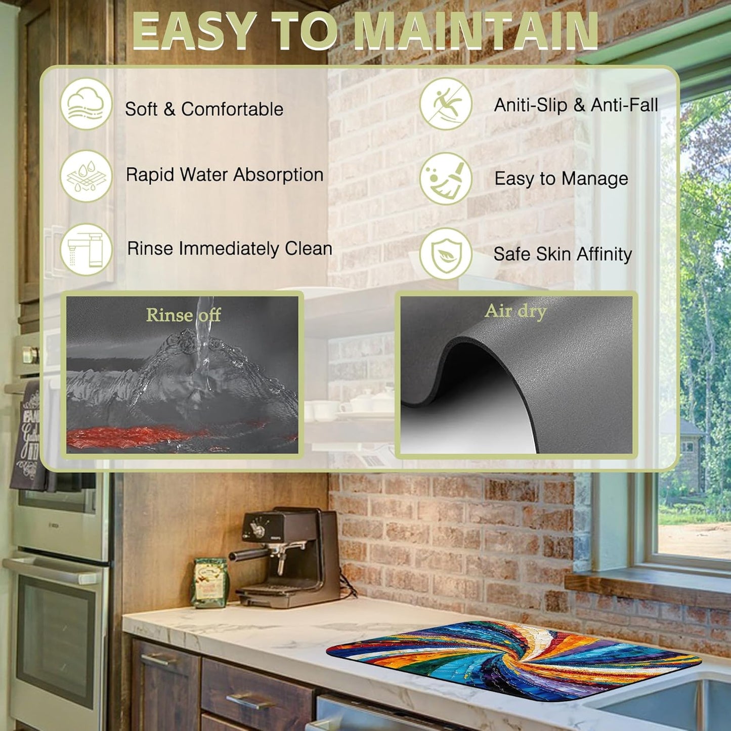 Kitchen Mat Swirl Colorful Textured Dish Drying Mat 12"x19" Bsorbent Coffee Maker Mat for Sink Dishes or Under Rack Kitchen Counter Accessories Absorbent Hide Stain Rubber Backed Dish Drying Pad