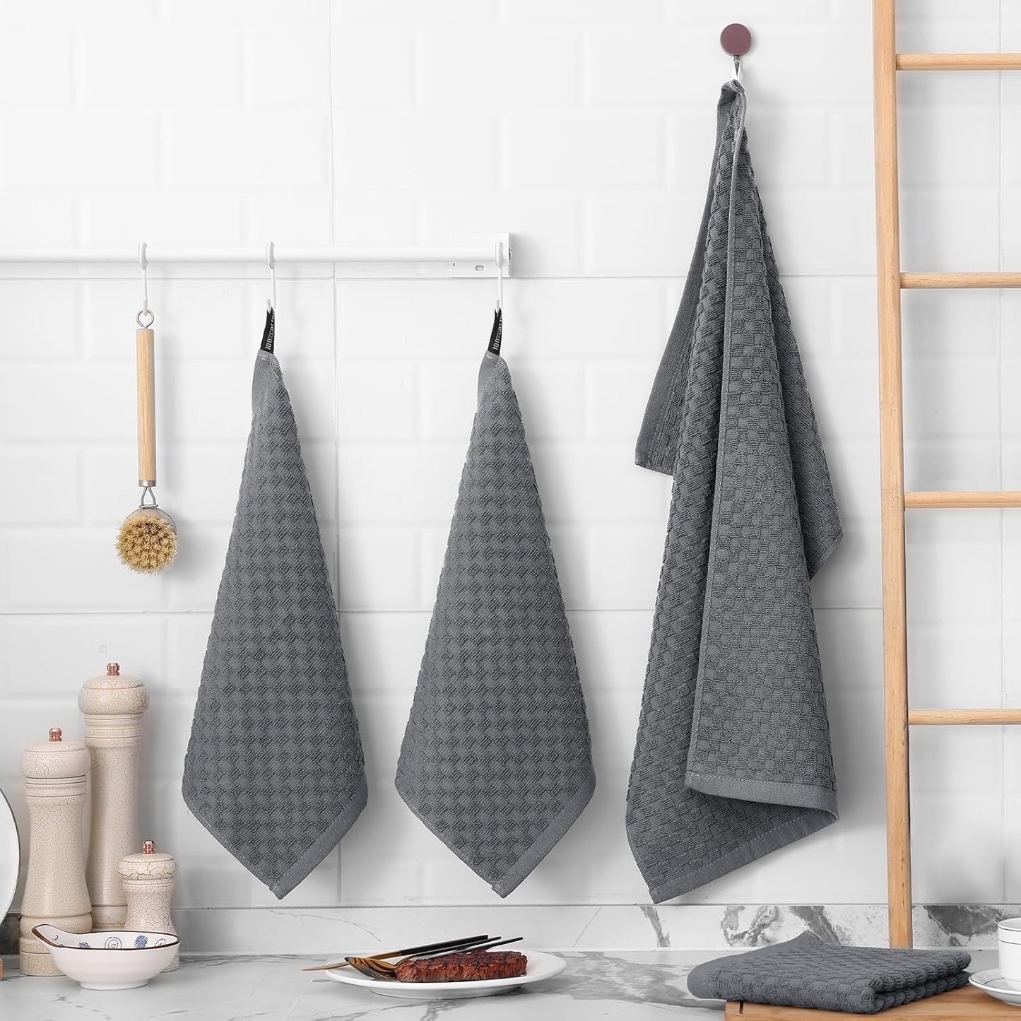 Fintale 100% Cotton Kitchen Towels and Dishcloths Set, 12 x 12 & 15 x 25 Inches, Set of 12 Bulk Super Soft and Absorbent Terry Cloth Dish Towels, Quick Drying Hand Towels with Hanging Loop, Dark Grey