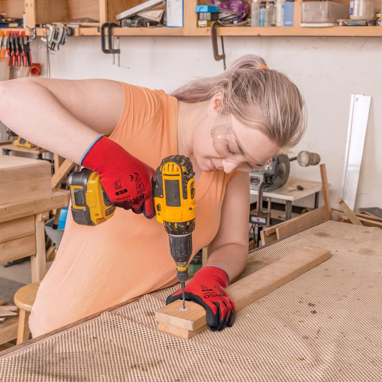 KAYGO Safety Work Gloves PU Coated for Women, 12 Pairs Seamless Knit Glove with Polyurethane Coated Smooth Grip on Palm and Fingers, Ideal for General Duty Work, KG11P (M, Red)