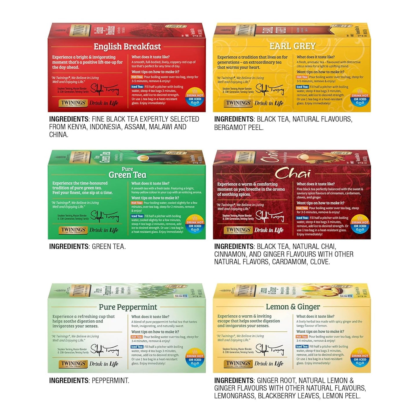 Twinings Variety Pack Tea Bags, 25 Count (Pack of 6) Includes English Breakfast, Earl Grey, Lemon Ginger, Peppermint, Green, and Chai, Enjoy Hot or Iced, 150 Teabags