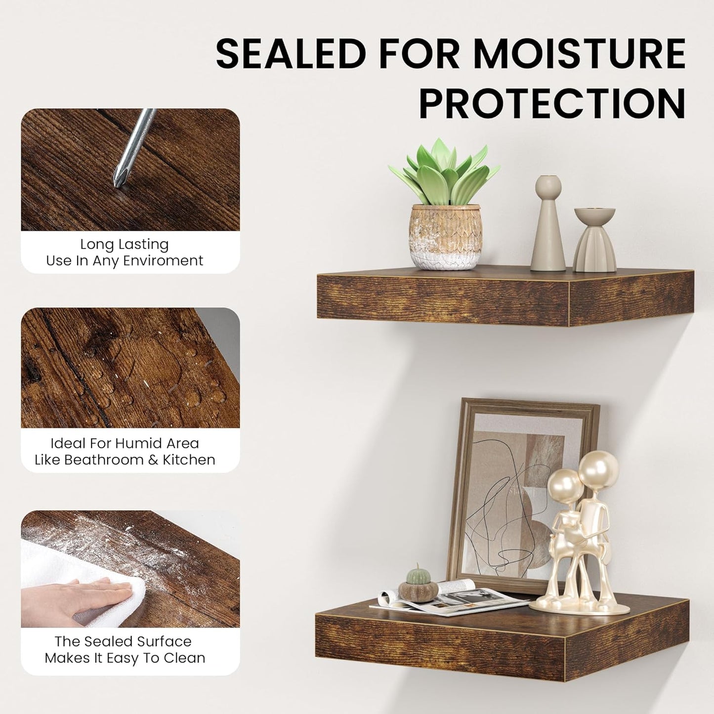 Square Floating Shelves for Wall, 12"W x 12"D x 1.2"H, Small Wooden Wall Mounted Display Shelf with Invisible Brackets for Living Room, Bedroom, Bathroom, Kitchen Decor, Set of 3, Rustic Brown