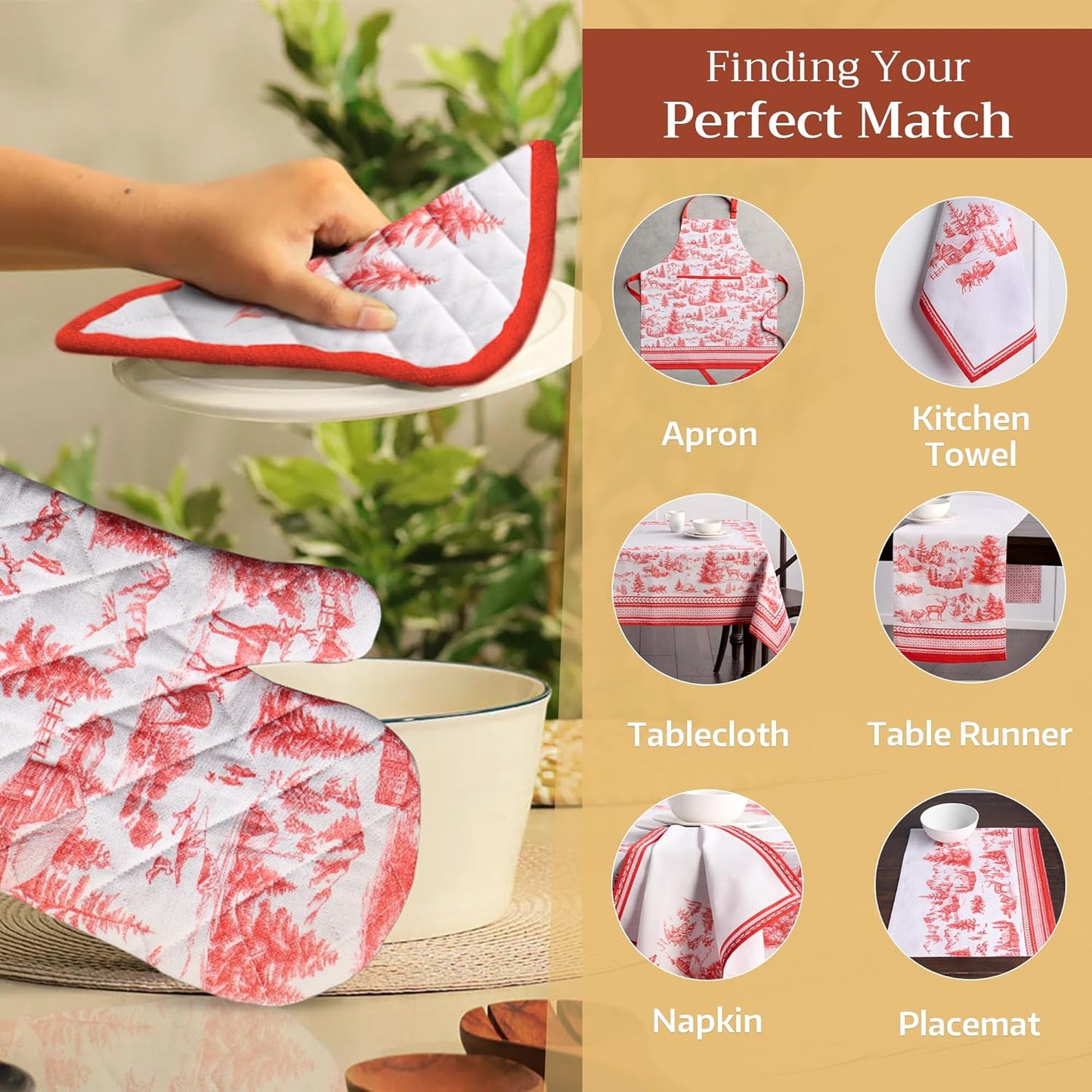 Maison d' Hermine Pot Holders Set 100% Cotton Heat Resistant Potholders 8" x 8" Hot Pads with Loop BBQ, Cooking, Baking, Grilling, Kitchen, Handling Hot Pans (Pack of 2, Winter Jouy)