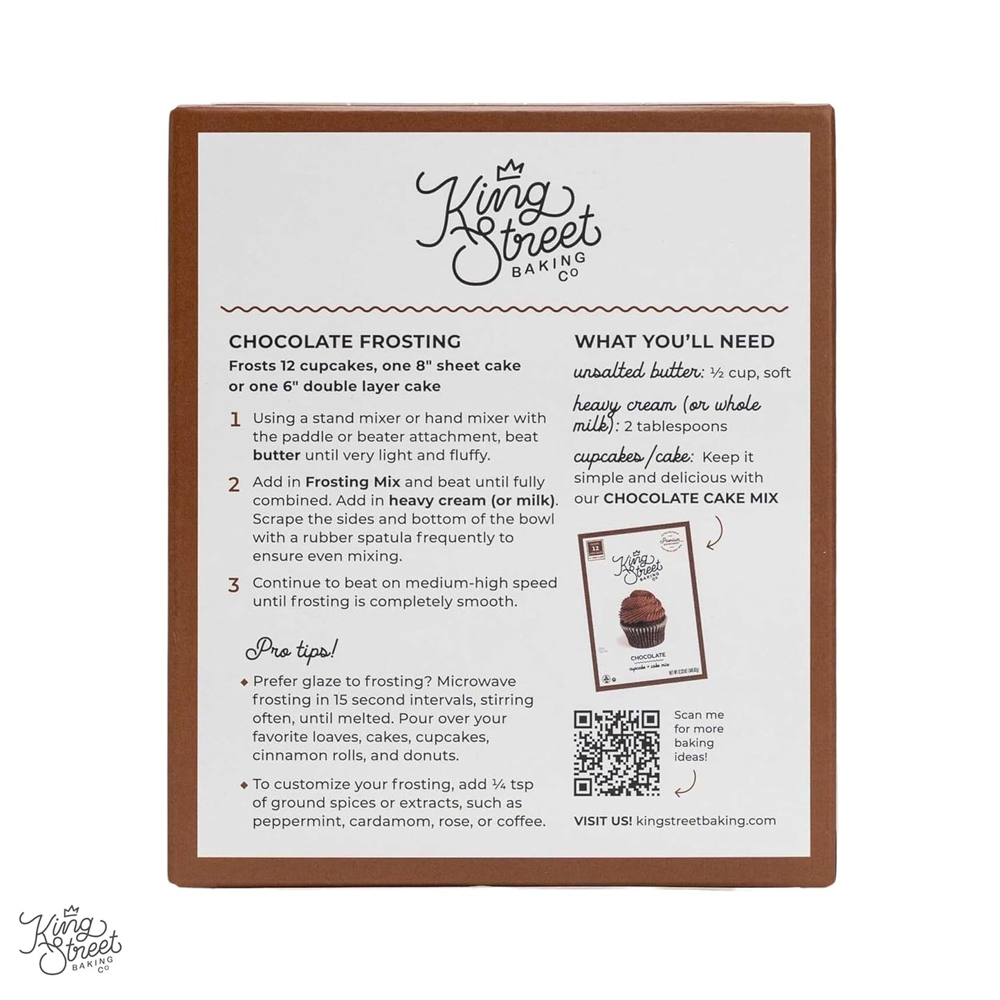 King Street Baking Co Chocolate Frosting Mix - 4 Ingredient Icing for Cake - Real Cocoa, Vanilla - Frosts 12 Cupcakes (3Pack)