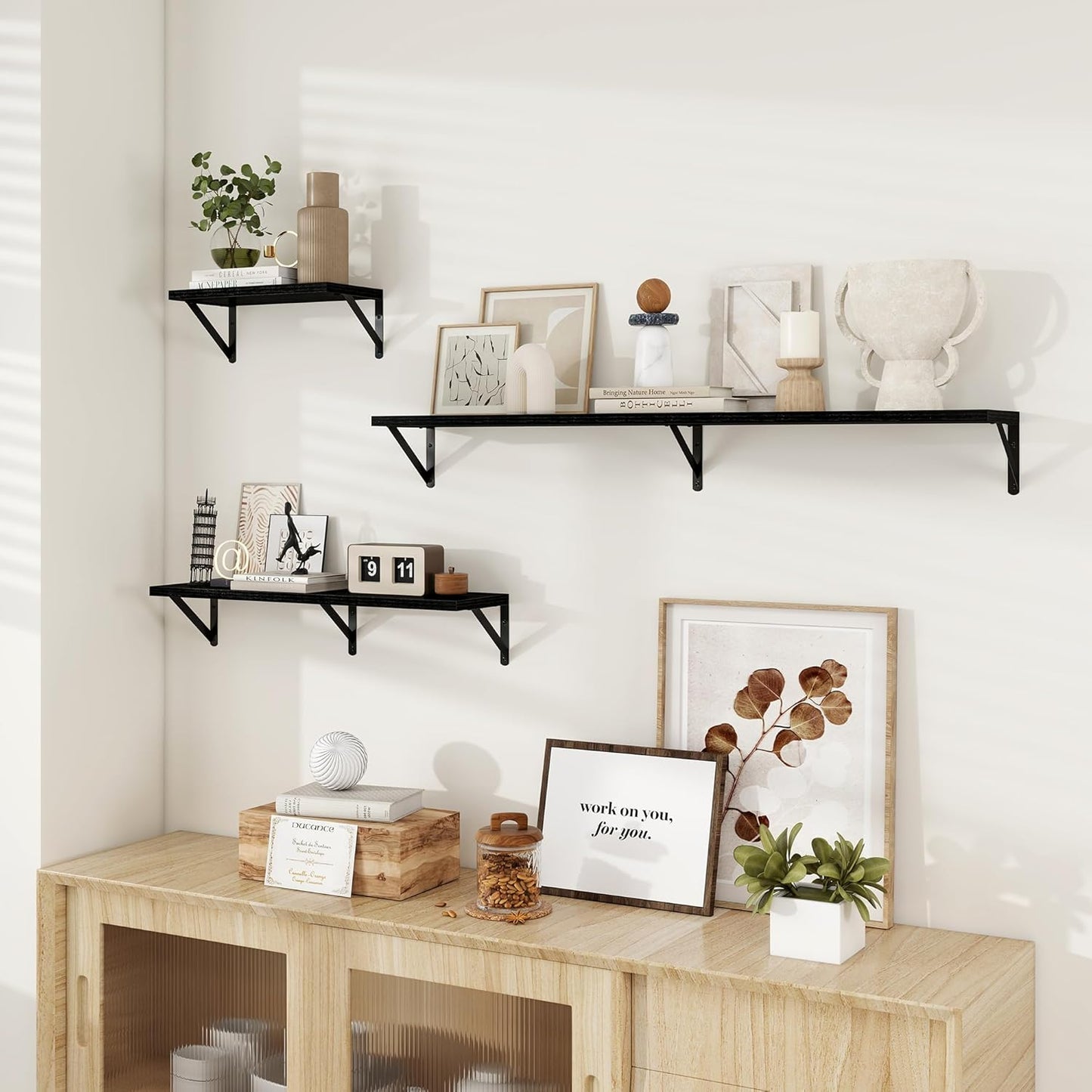 Dreamland Wall Shelves Long, 24W x 8D Wall Mounted Shelves Set of 2, Wide Display Ledge Shelf with Sturdy Metal Brackets for Living Room, Bathroom, Bedroom and Kitchen, Black