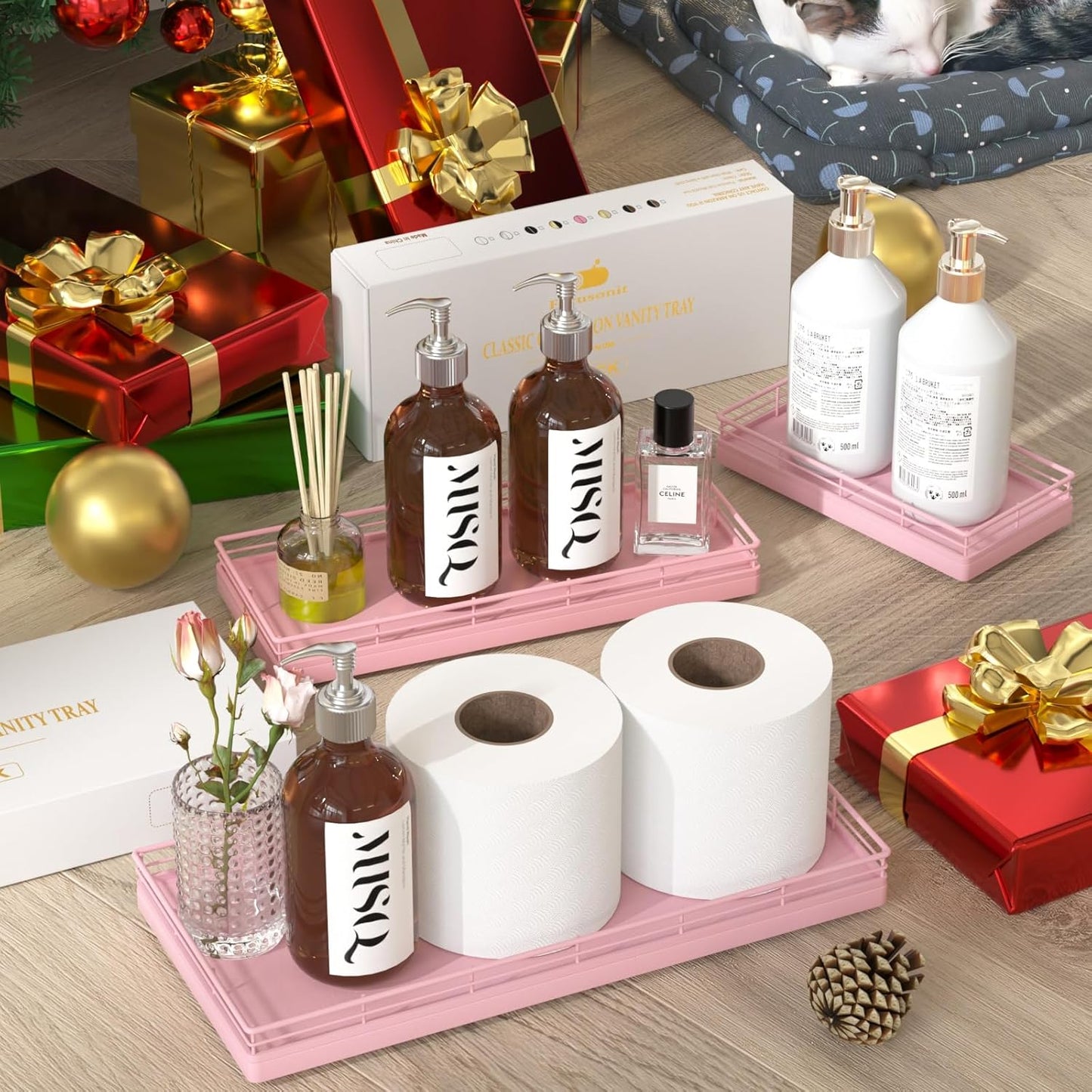 Oak Bathroom Toilet Tank Tray, 13" Wood Storage Basket, Back of Toilet Basket Organizer for Perfume Makeup Candle Kitchen Counter Coffee Table Pink Decor