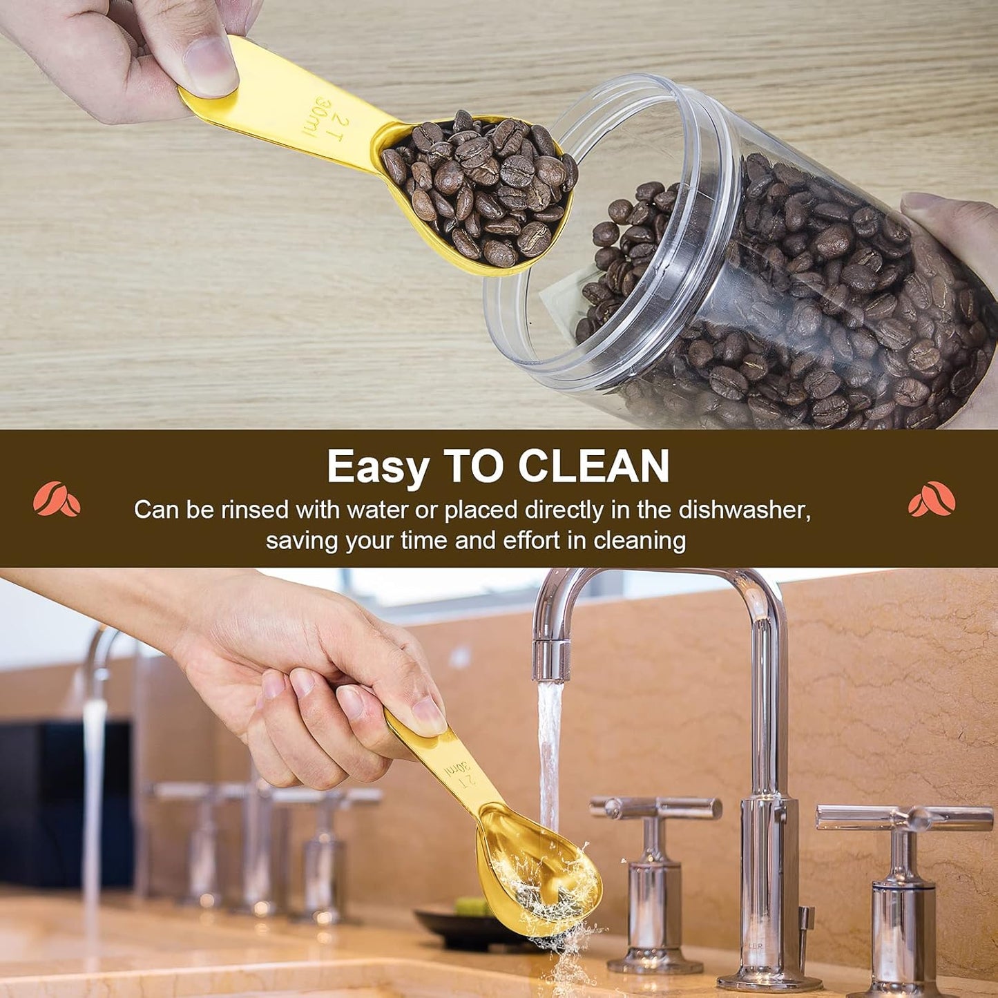 Stainless steel coffee scoop 2-piece set (1 tbsp, 2 tbsp) durable Tablespoon, ergonomic measuring spoon, Suitable for small and large jars,short-handled spoon (Gold)
