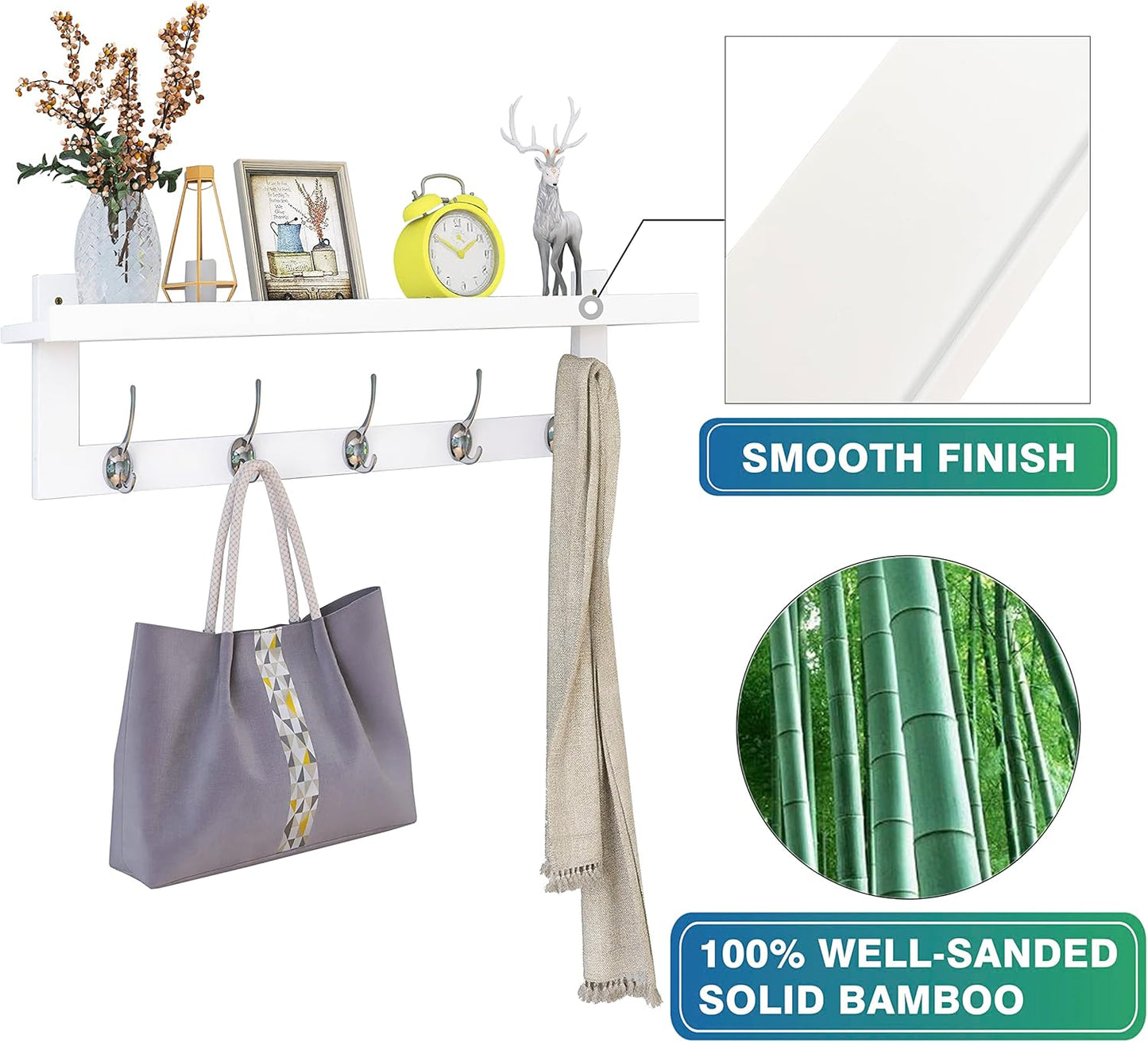 SMIBUY Coat Hooks with Shelf Wall-Mounted, 29.2 Inch Entryway Coat Rack for Wall, Bamboo Hanging Shelf with 5 Double Metal Hooks for Bathroom, Bedroom, Kitchen, Living Room, Mudroom (White)