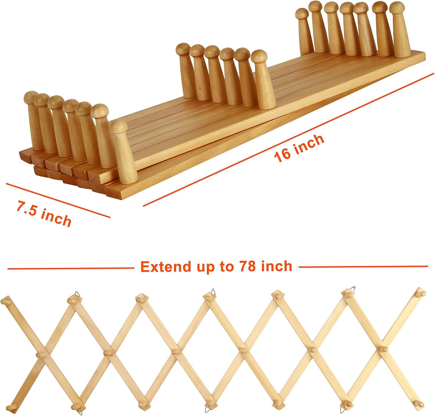 Dseap Accordian Wall Hanger: 16” High Wooden Wall Expandable Coat Rack, Hat Rack Holder, Accordion Hook for Baseball Caps, Coats, Mugs, 20 Peg Hooks, Natural