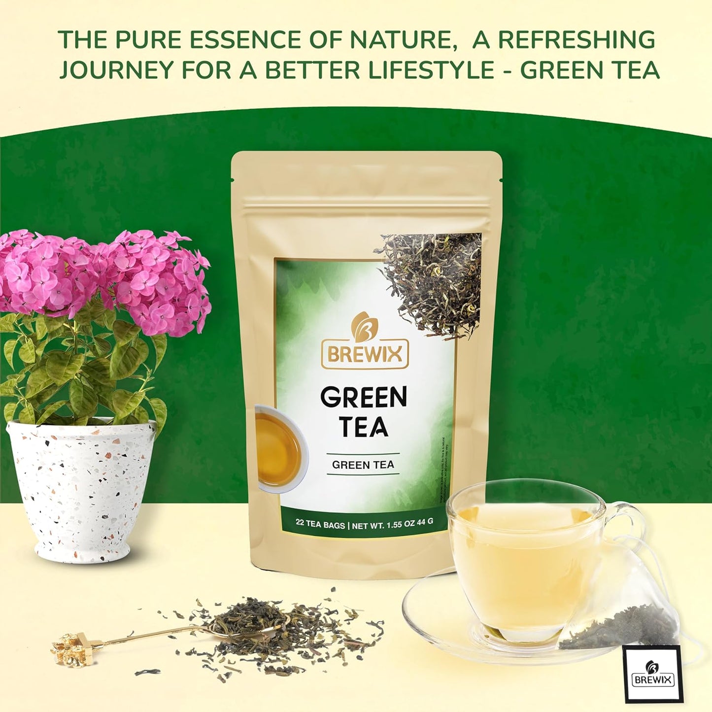 BREWIX, Green Tea (22 Pyramid Tea Bags) | Supports Overall Health, Natural & Pure High Grown Green Tea | Caffeinated & Gluten Free | Direct From India