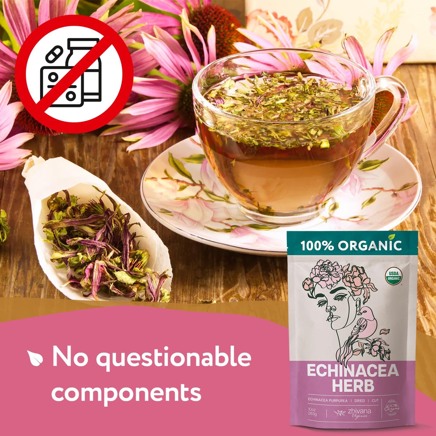 Echinacea Tea Organic (10oz.) – Echinacea Purpurea Herb Loose Leaf - Equinacea Organica - Body Defenses, Immune Support Tea