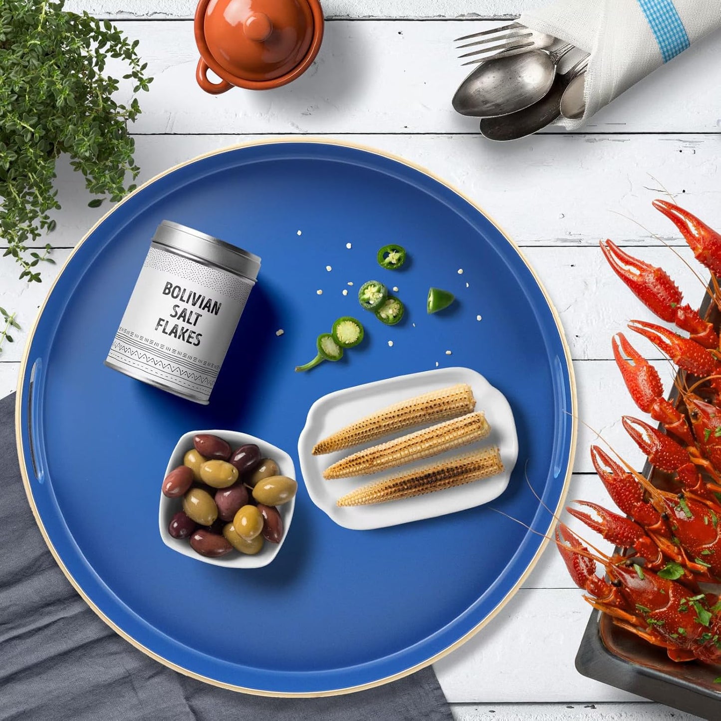 Royal Blue Round Decorative Tray with Handles, 13" Versatile Serving Tray for Coffee Table, Ottoman, Ideal for Serving, Displaying, Organizing