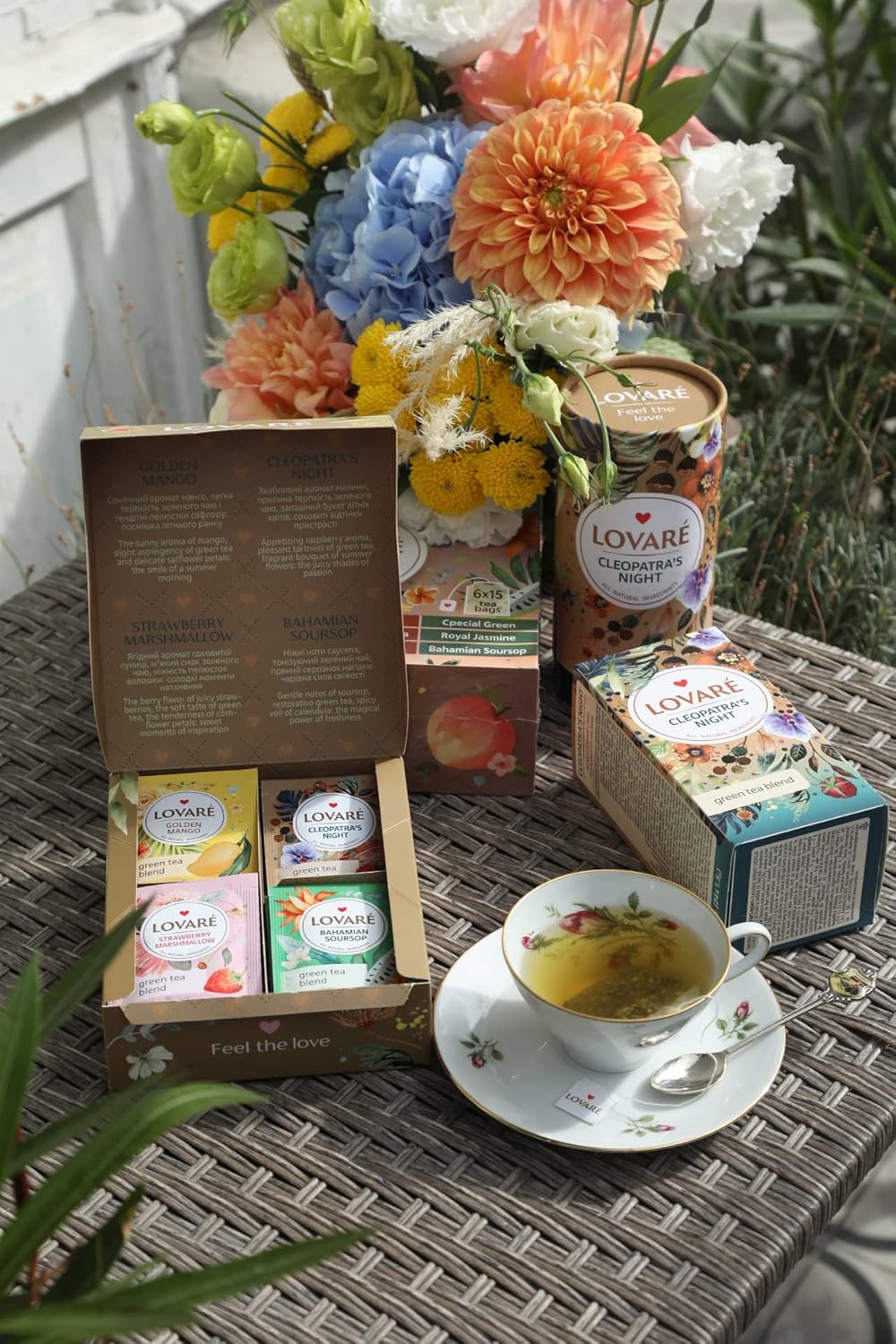 LOVARE Green Assorted Tea Variety Pack 32 Pack - Made in Ukraine - Tea Bags Individually Wrapped 4 Tastes - Golden Mango, Cleopatra’s Night, Strawberry Marshmallow, Bahamian Soursop Assorted Tea Bags