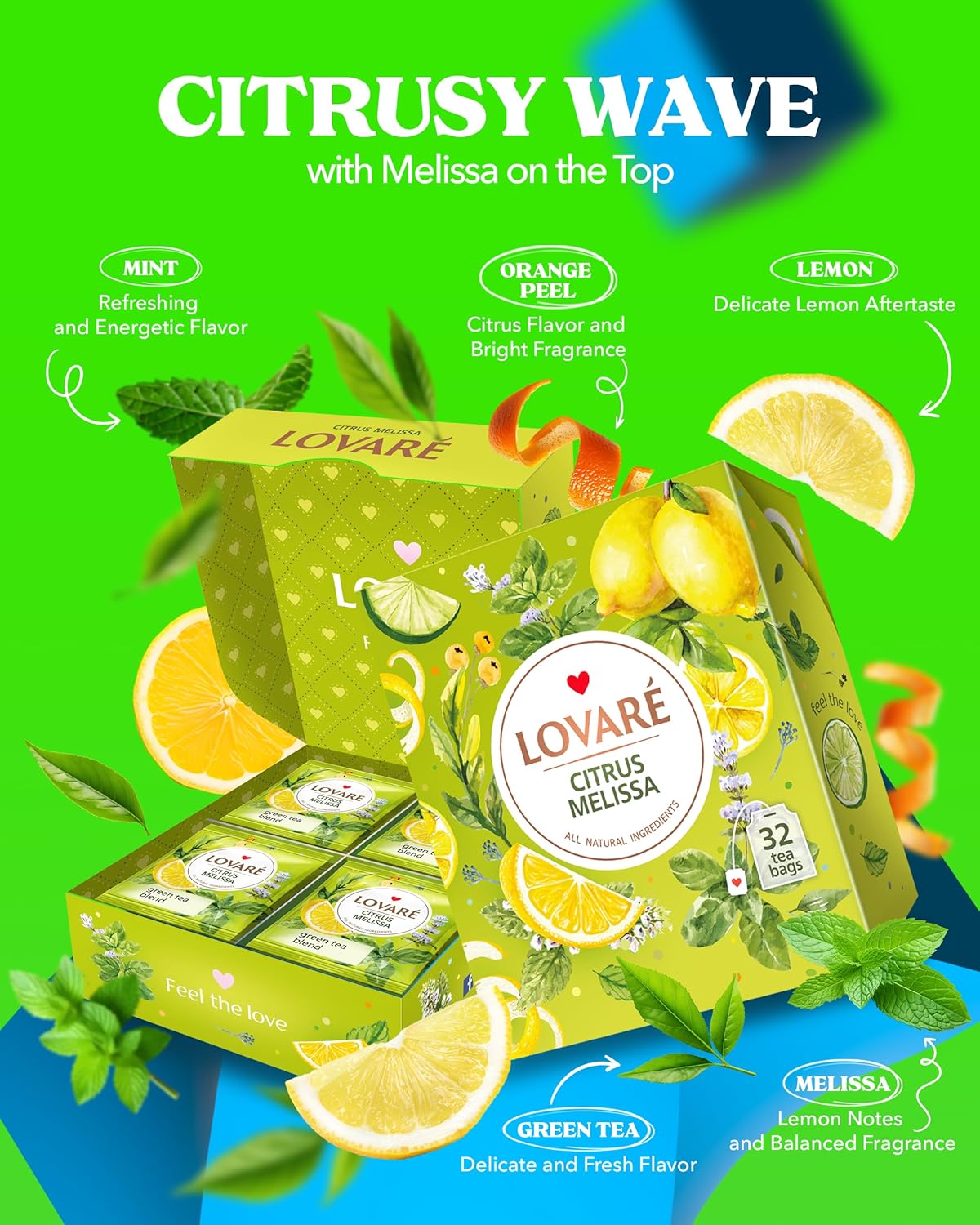 LOVARE Citrus Melissa Tea Bags 48 g - Made in Ukraine - Green Tea, Mint, Melissa, Lemongrass, Orange Peel - Tea Bags Individually Wrapped - Gift Box Sets for Tea Lovers (32 Tea Bags x 1.5 g Each)