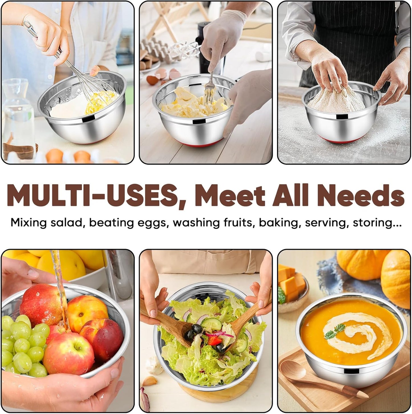 TeamFar Mixing Bowls with Lids Set, 7/3.5/2.5/1.5/1 QT, Stainless Steel Large Red Nesting Metal Salad Mixing Bowl Set of 5, Healthy & Easy Clean, Airtight Lid & Non-slip Bottom