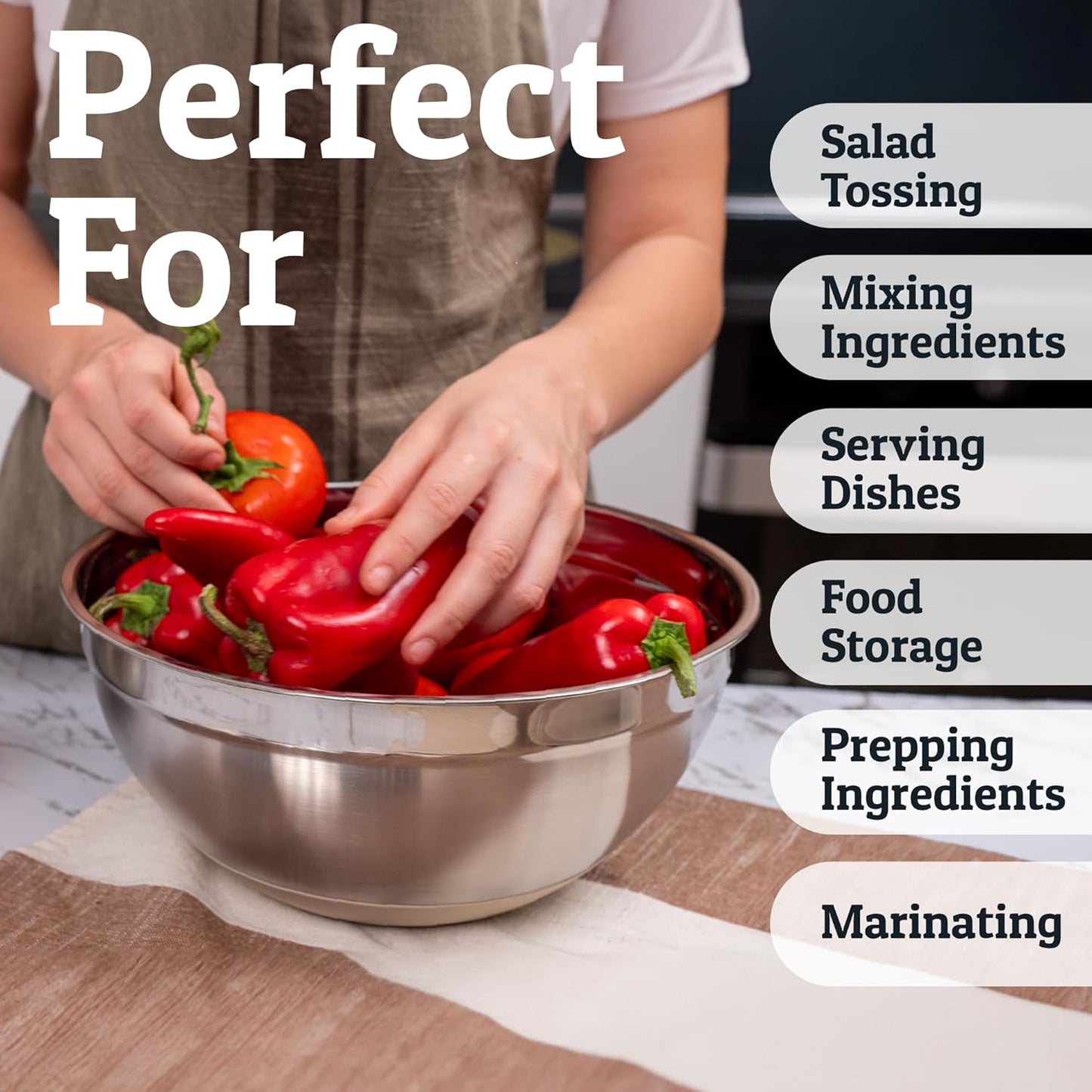 Priority Chef Stainless Steel Mixing Bowls with Lids Set - Premium 30Pcs with 6pc Metal Bowl Set for Kitchen, 3 Graters, Airtight Lids, Non-Slip Bases & Silicone Utensils, Khaki