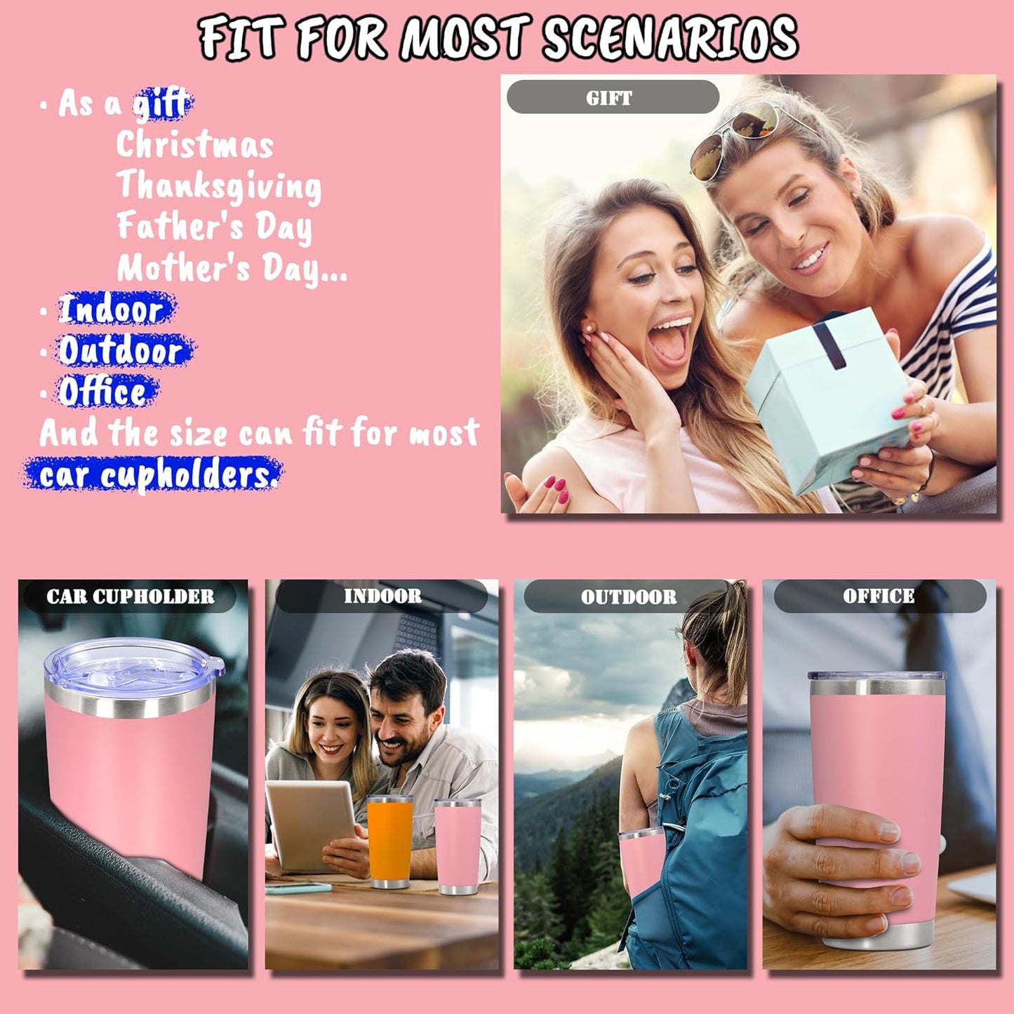 20 oz Tumbler with lid Double Wall Vacuum Insulated Tumblers Stainless Steel Coffee Mug Travel Coffee Tumbler Powder Coated Tumbler Cup Keep Hot&Cold - (Pink 6 Pack)