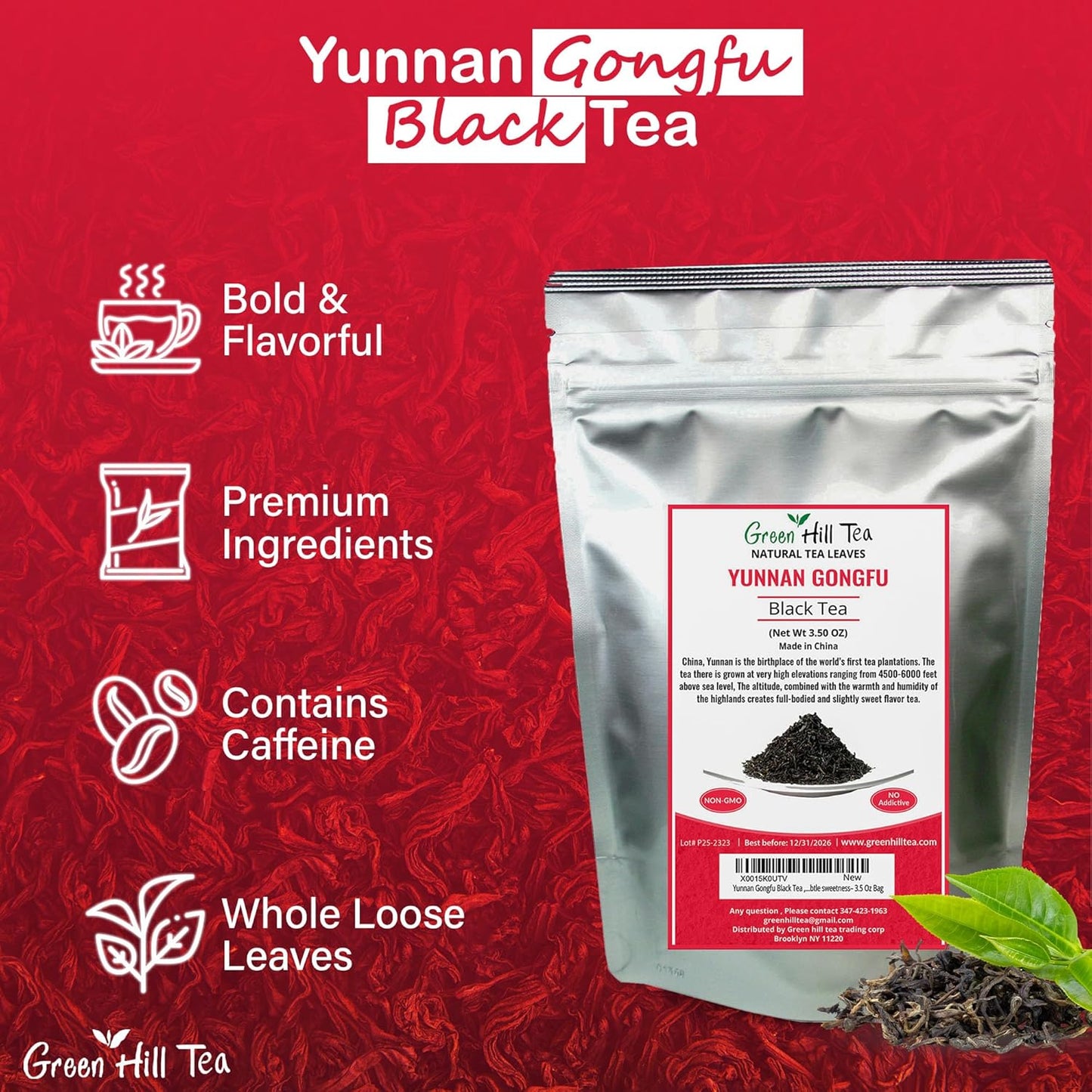 Yunnan Gongfu Black Tea , Natural Black Tea with Excellent fullness with subtle sweetness– 3.5 Oz Bag