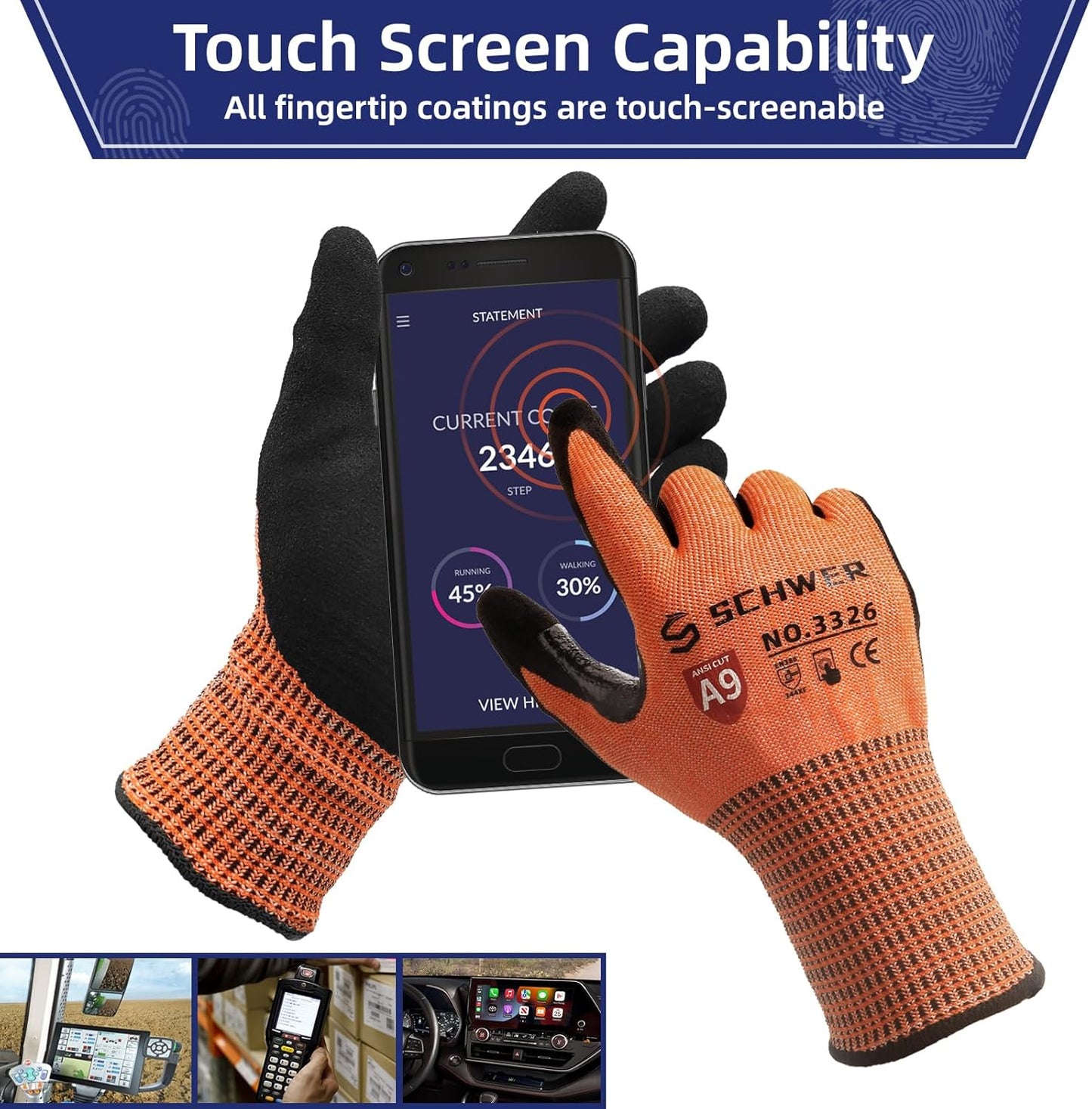 Schwer ProGuard Highest Level Cut Resistant Work Gloves PR3326 for Extreme Protection,ANSI A9 Cut Gloves with Reinforced Thumb, Non Slip, Non PFAS, Durable, Touch-screen, Orange 1 Pair(XXL)