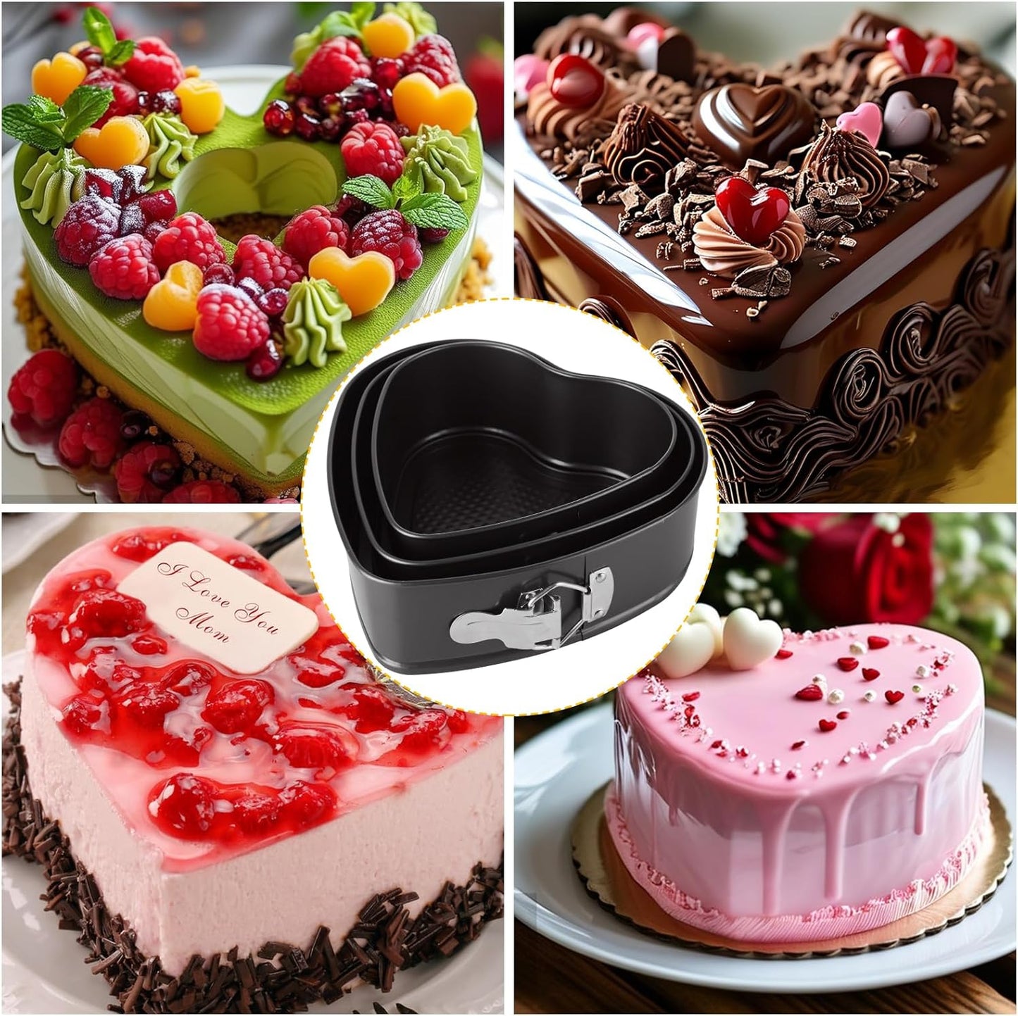 Springform Pan Set of 3 Heart Cake Pan, Heart Springform Pan with Removable Bottom, Springform Cake Pans Non-stick Bakeware for Cheesecakes, Pizza, and Quiches (7, 7.8, 8.6 inch)