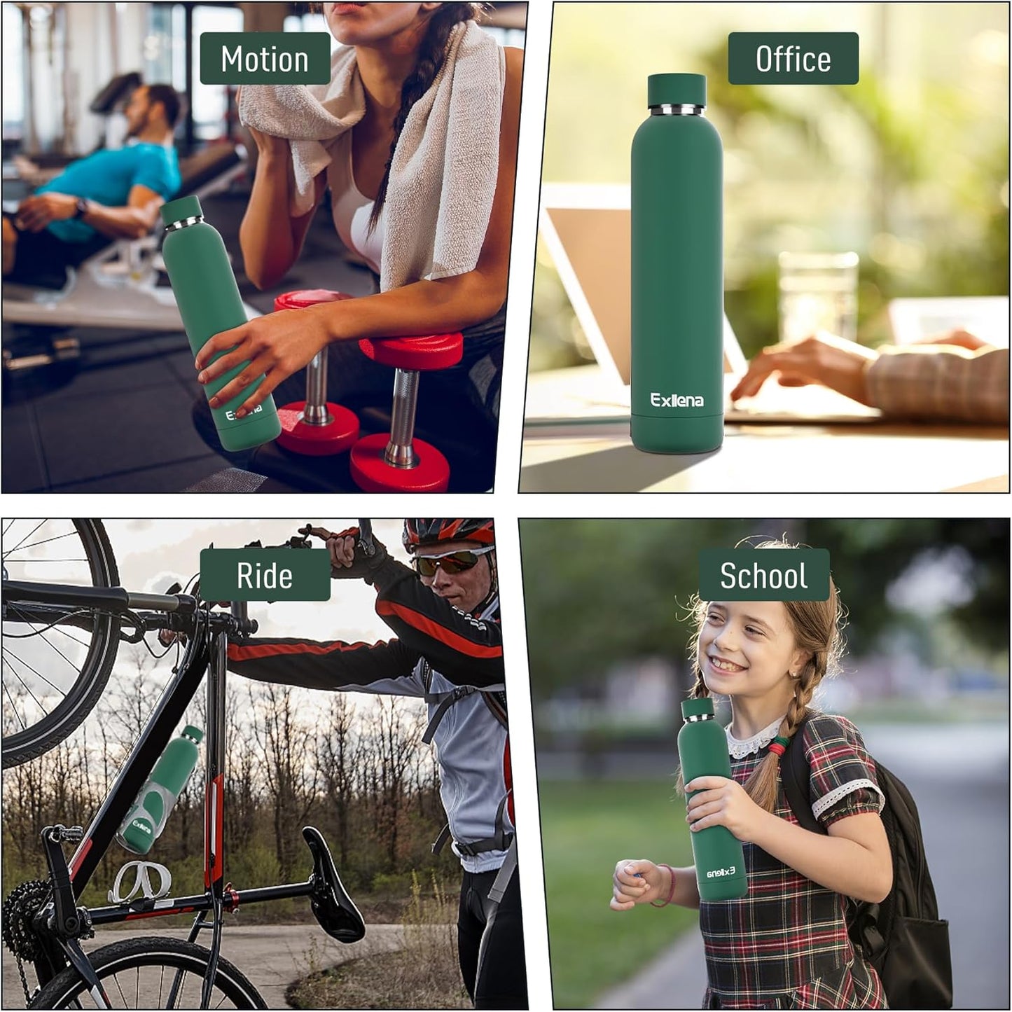 Slim Insulated Water Bottles for Travel 25oz with Clip, Double Wall Vacuum Stainless Steel Water Bottle Keeps Drinks Cold 24 Hrs/Hot 12 Hrs, 100% Leakproof, BPA Free(Emerald Green)