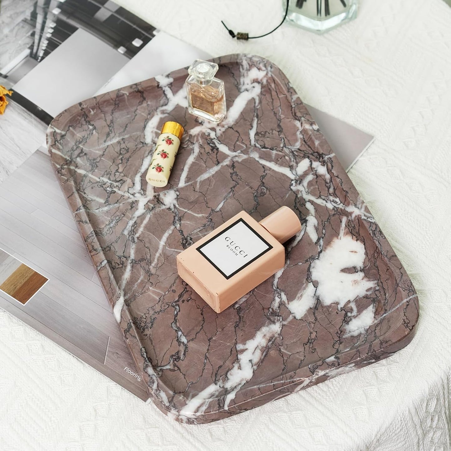Koville Marble Tray, 12"x8" Marble Vanity Tray for Bathroom Kitchen Countertop, Rectangular Stone Tray for Cosmetics Perfume Trinket, Decorative Catchall Trays (Lilac)