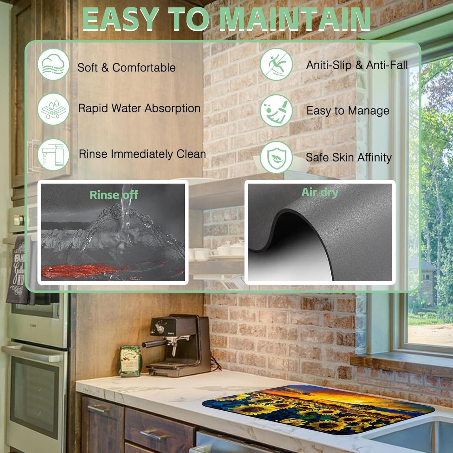 Sunflower Field Dish Drying Mat,12"X19" Absorbent Fast Dish Drying Mat for Kitchen Counter Pot and Pan, Kitchen Accessories