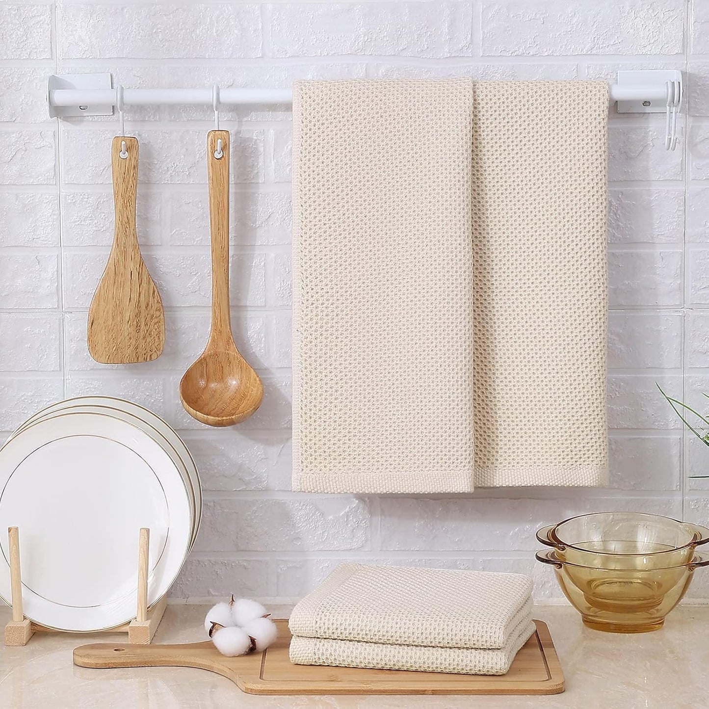 Kitinjoy 100% Cotton Waffle Weave Kitchen Towels, 6-Pack Super Soft and Absorbent Dish Towels for Drying Dishes, Kitchen Hand Towels, 13 in x 28 in, Beige