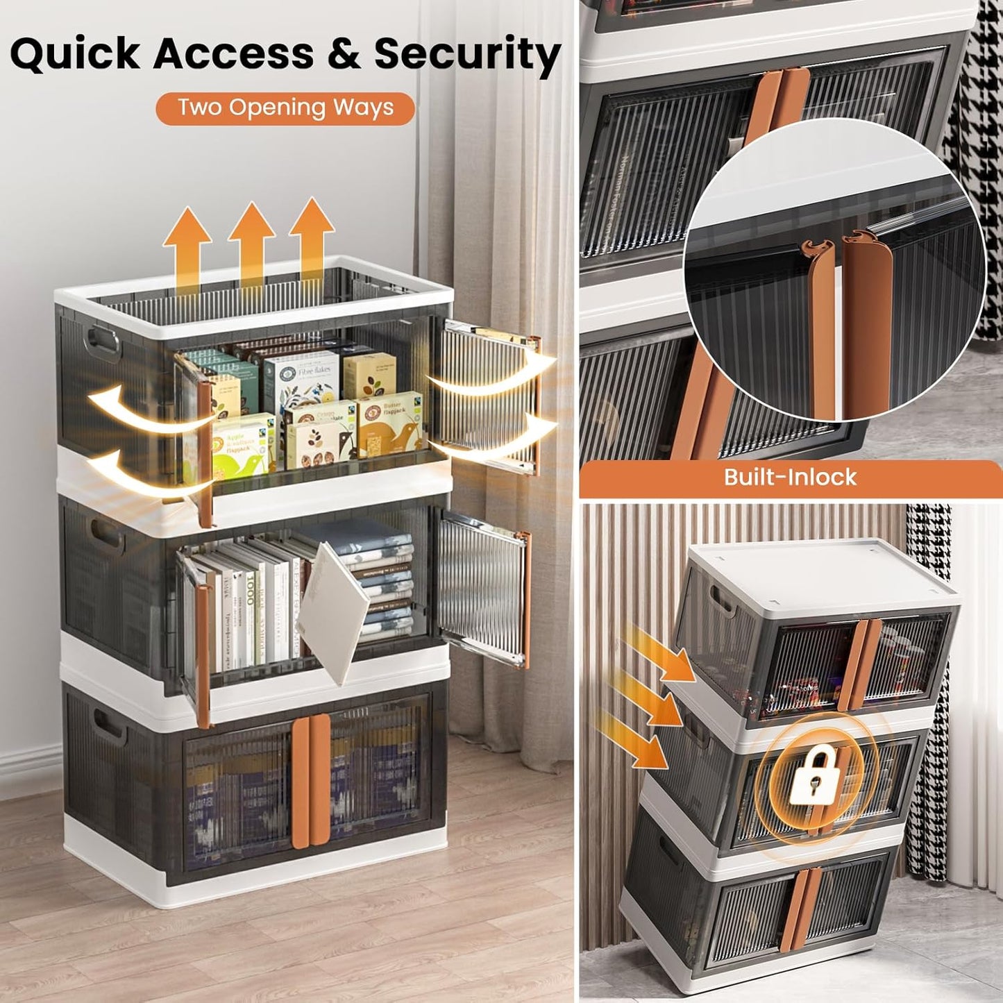 19Gal Collapsible Storage Bins with Lids & Wheels - 4 Pack Stackable with Doors, Heavy-Duty Plastic Containers for Home/Office, White