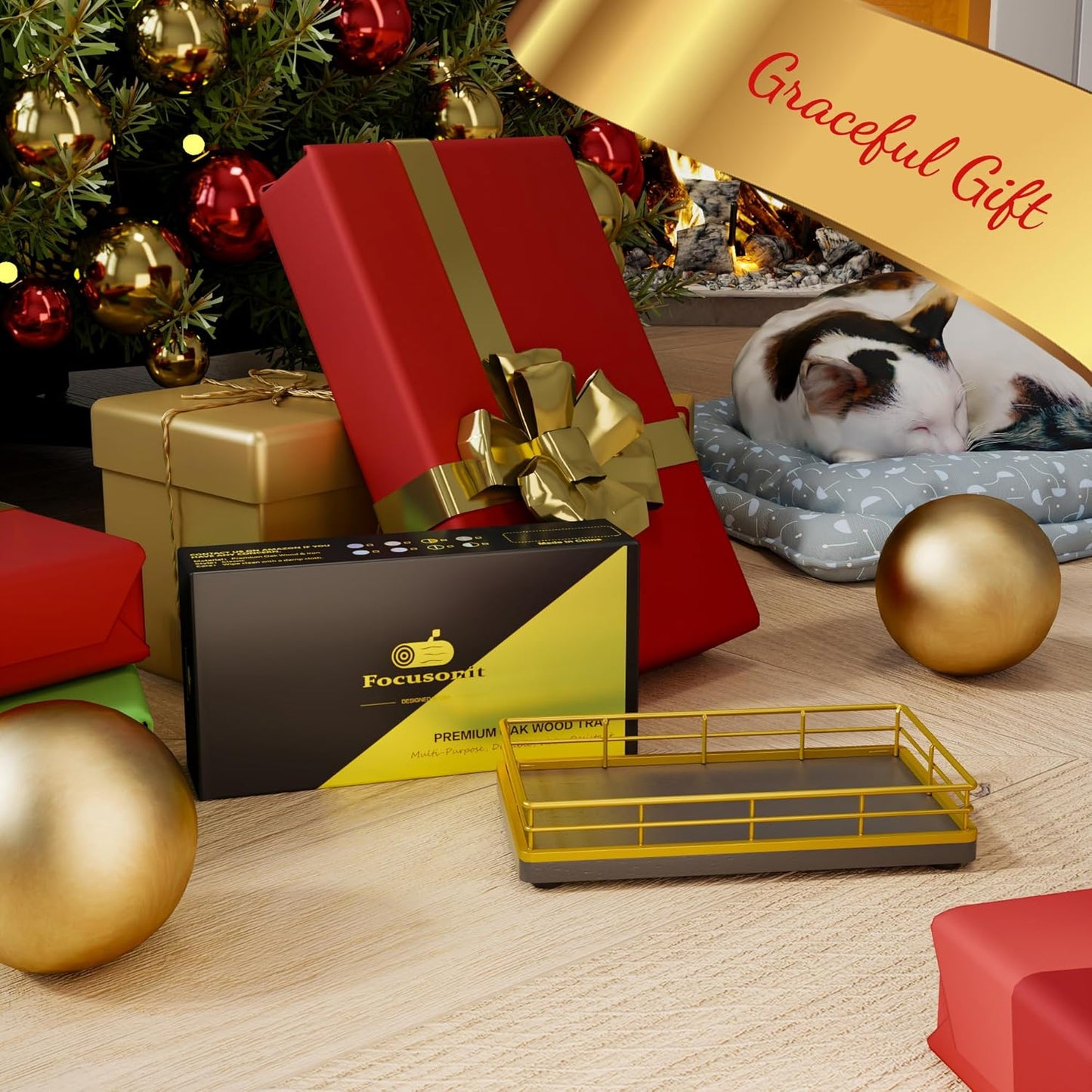 Wooden Decorative Tray, Oak 7.5" L Coffee Table for Kitchen Countertop Dresser Perfume Tray Jewelry Candle Nightstand Table Centerpieces for Dining Room Decor Black Gold