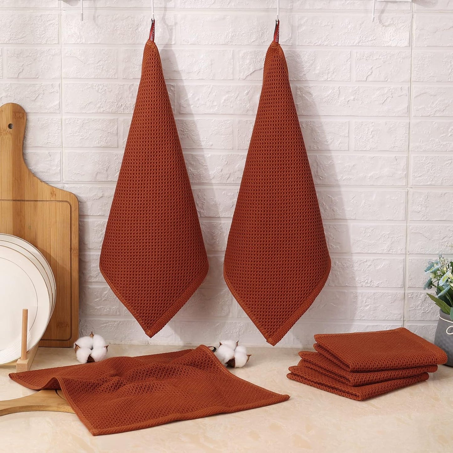 Kitinjoy 100% Cotton Kitchen Dish Cloths, 6 Pack Waffle Weave Dish Towels Ultra Soft Absorbent Quick Drying Dish Rags, 12 X 12 Inches, Rust