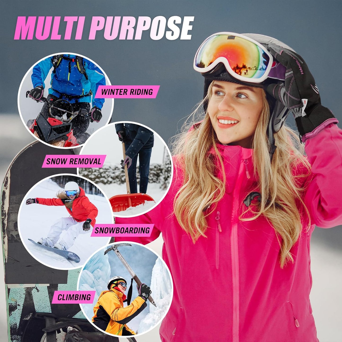 HANDLANDY Waterproof Insulated Work Gloves, 3M Thinsulate Thermal Winter Gloves for Men Women Touch Screen, Warm Ski Snowboard Cold Weather Gloves (Medium, Pink)