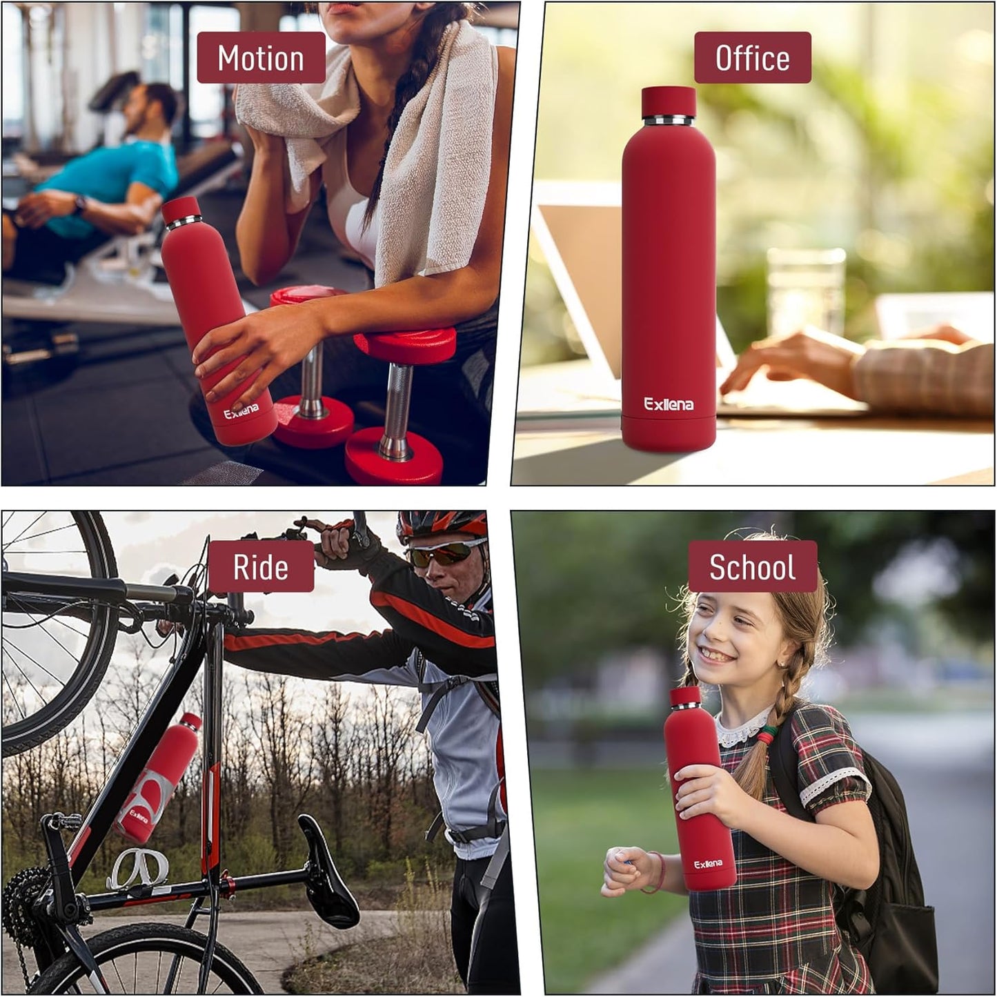 Slim Insulated Water Bottles for Travel 32oz with Clip, Double Wall Vacuum Stainless Steel Water Bottle Keeps Drinks Cold 24 Hrs/Hot 12 Hrs, 100% Leakproof, BPA Free(Red)