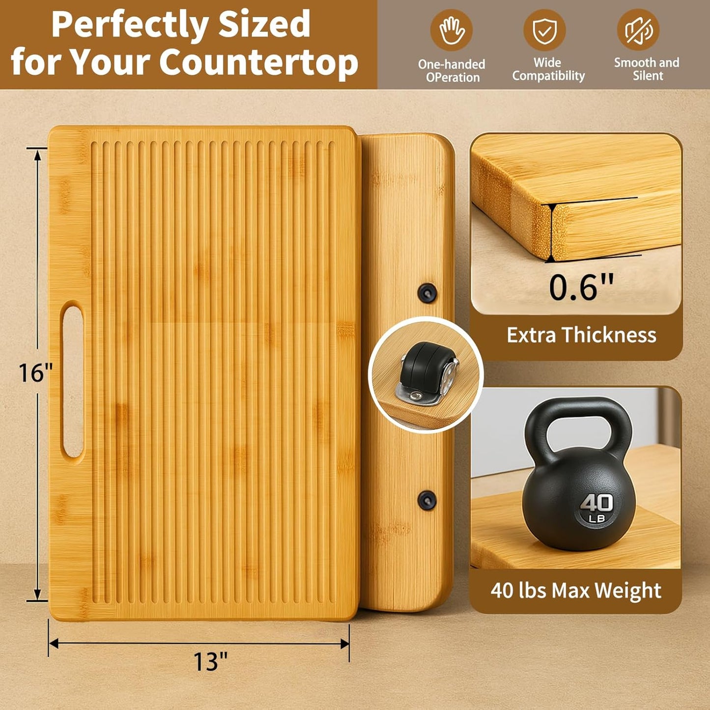 Bamboo Appliance Slider|13"D x 16"W Sliding Tray for Coffee Maker on Countertop|Heavy-Duty Coffee Pot Slider Tray & Kitchen Caddy for KitchenAid Mixer, Air Fryer